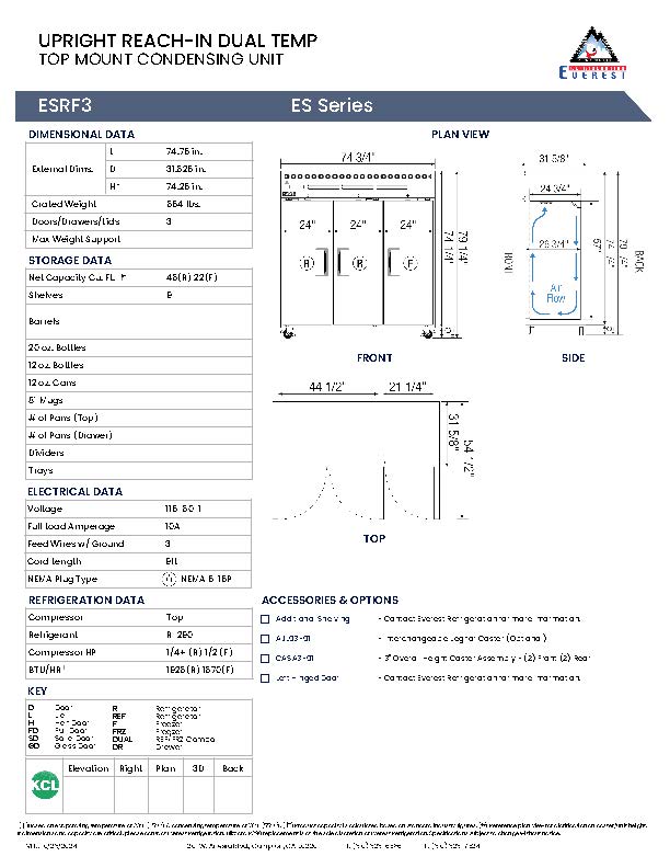 Everestref ESRF3,  75" 3 Door (2/3 Ref & 1/3 Fzr) Dual Temp