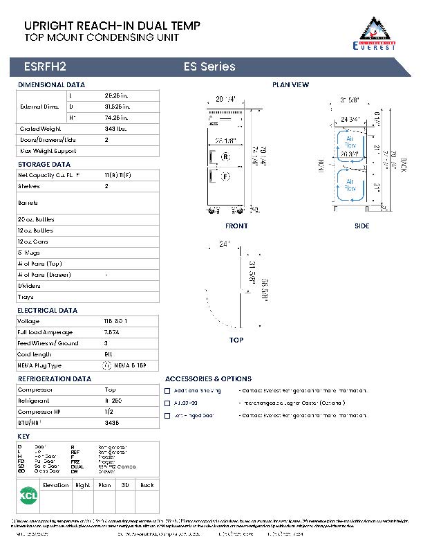 Everestref ESRFH2,  29 1/4" 1 Section Half Door (1/2 Ref & 1/2 Fzr) Dual Temp