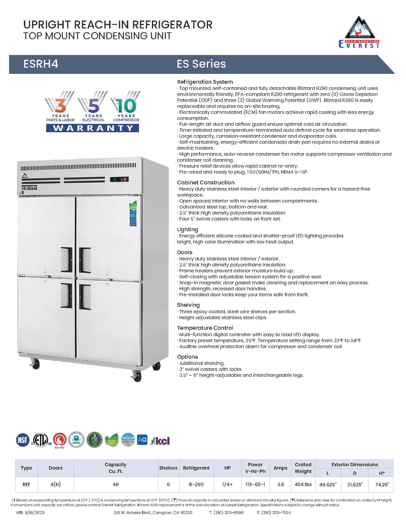 Everestref ESRH4, 49 3/4" 2 Section Half Door Refrigerator