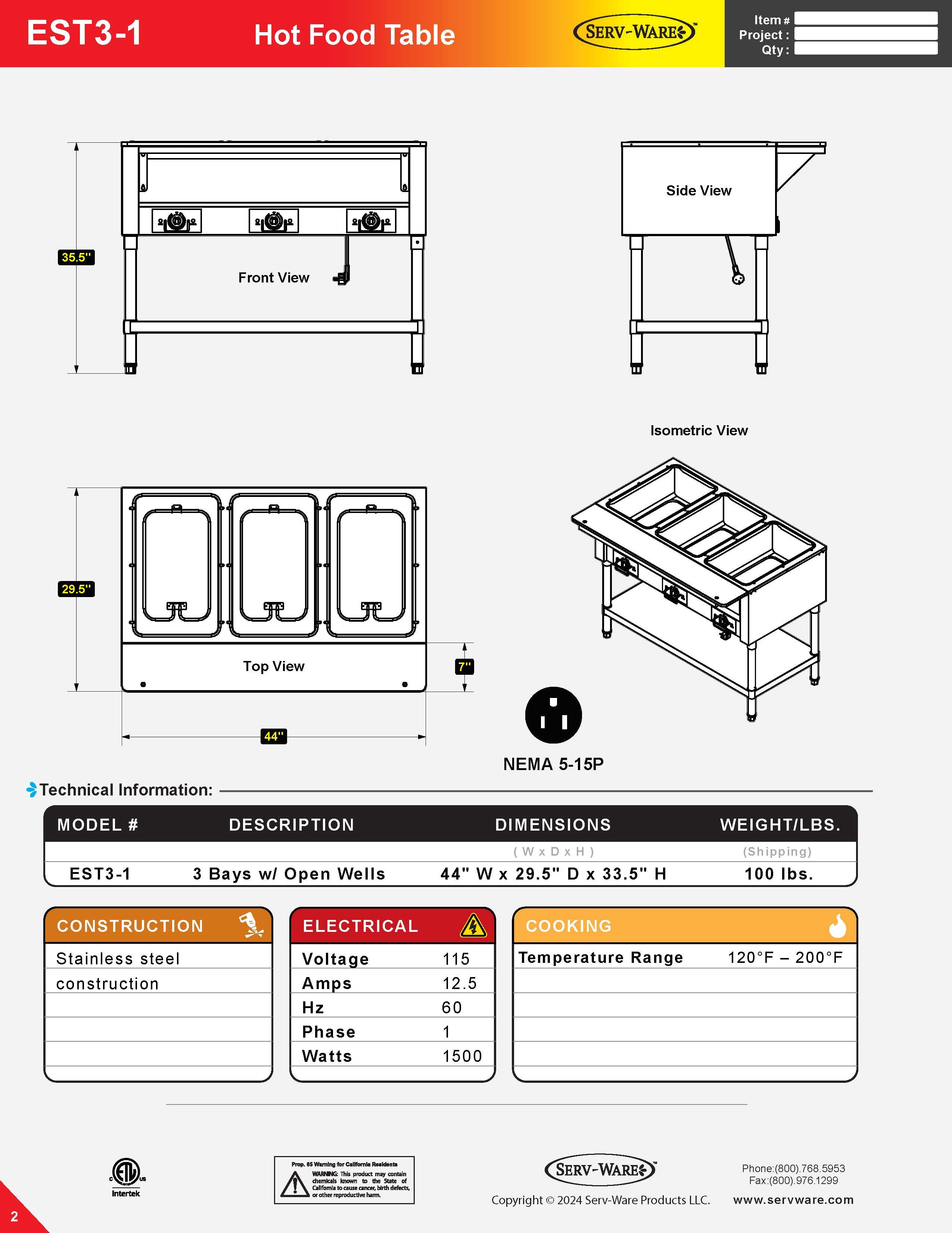 Electric Hot Food Table | 1500w/120v, EST3-1