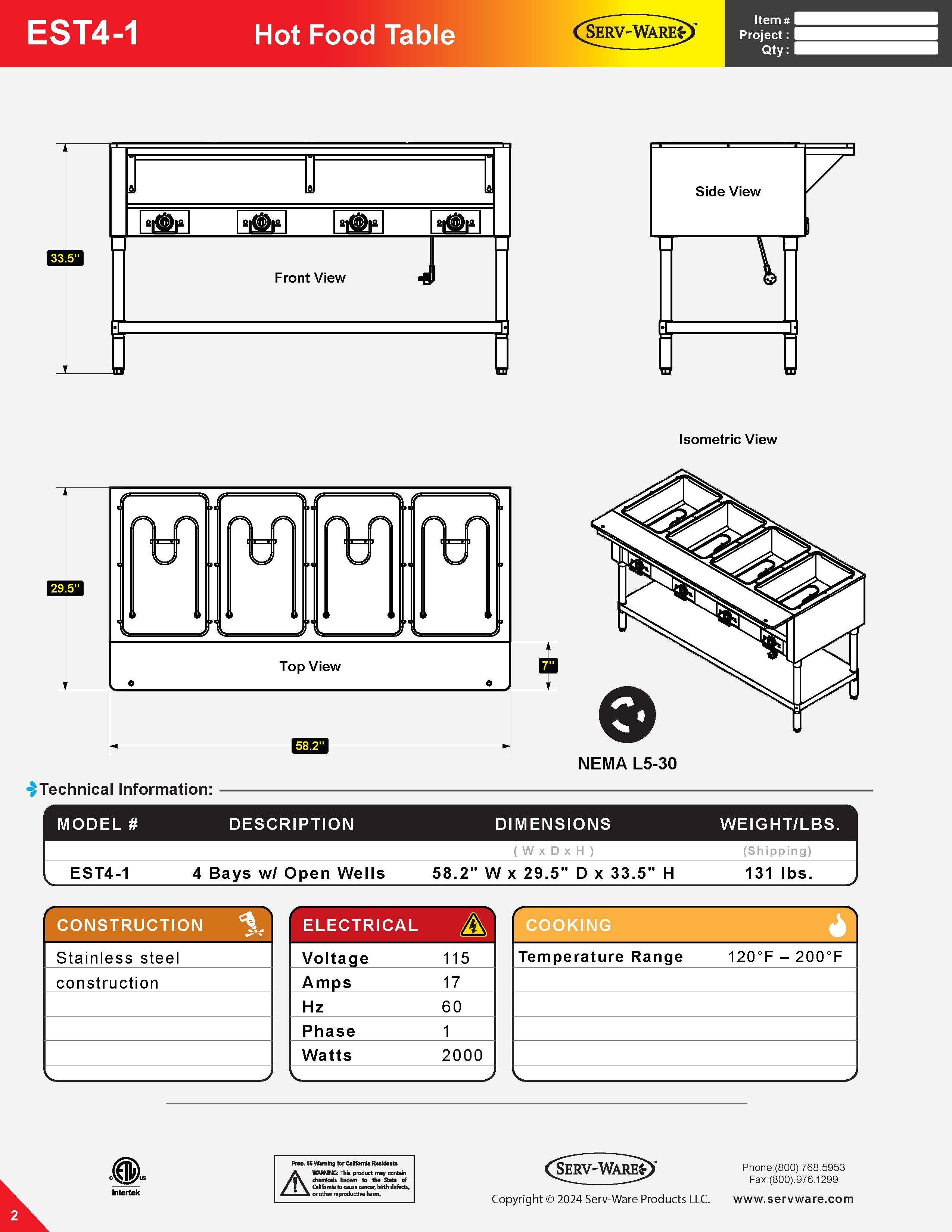 Electric Hot Food Table | 2000w/120v, EST4-1