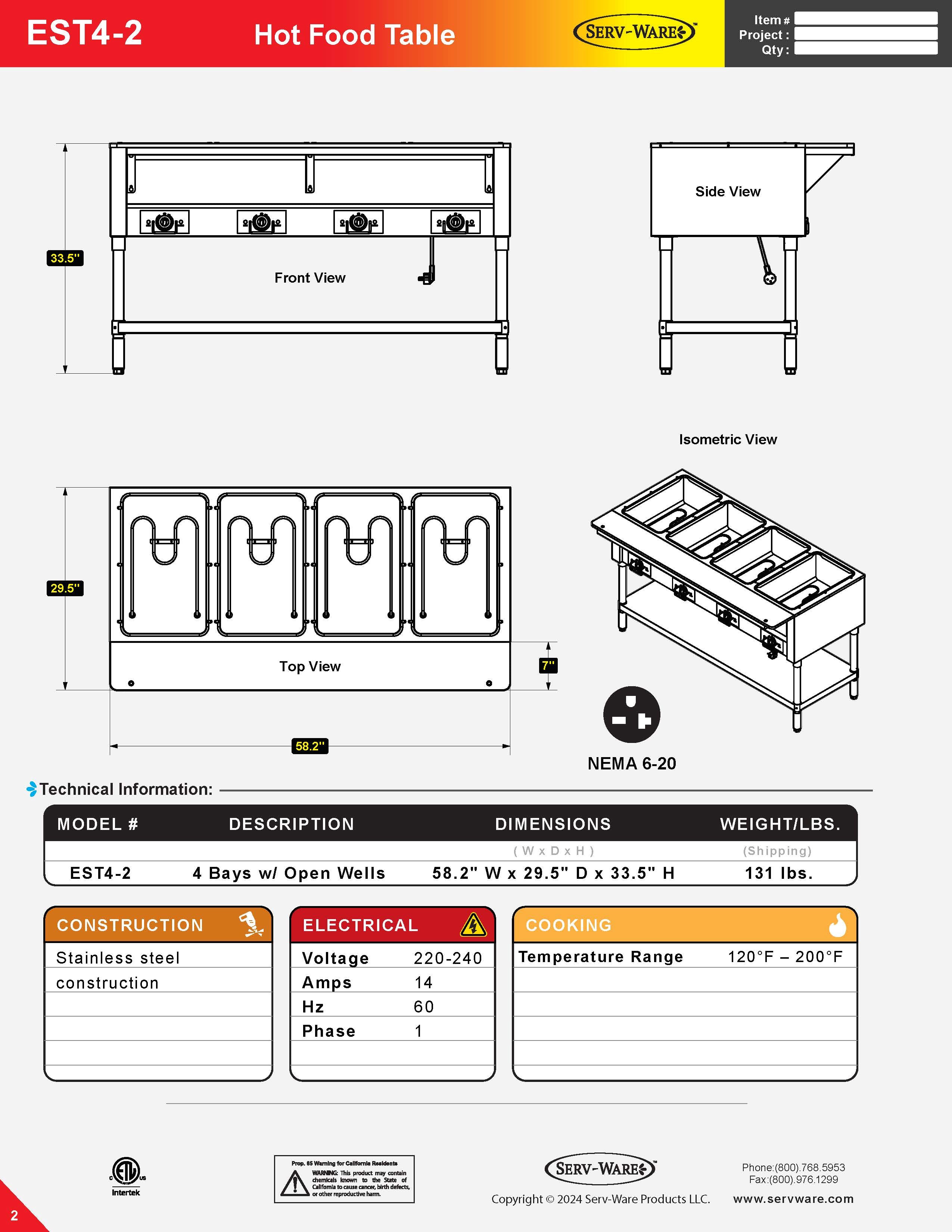 Electric Hot Food Table | 3000w/220-240v, EST4-2