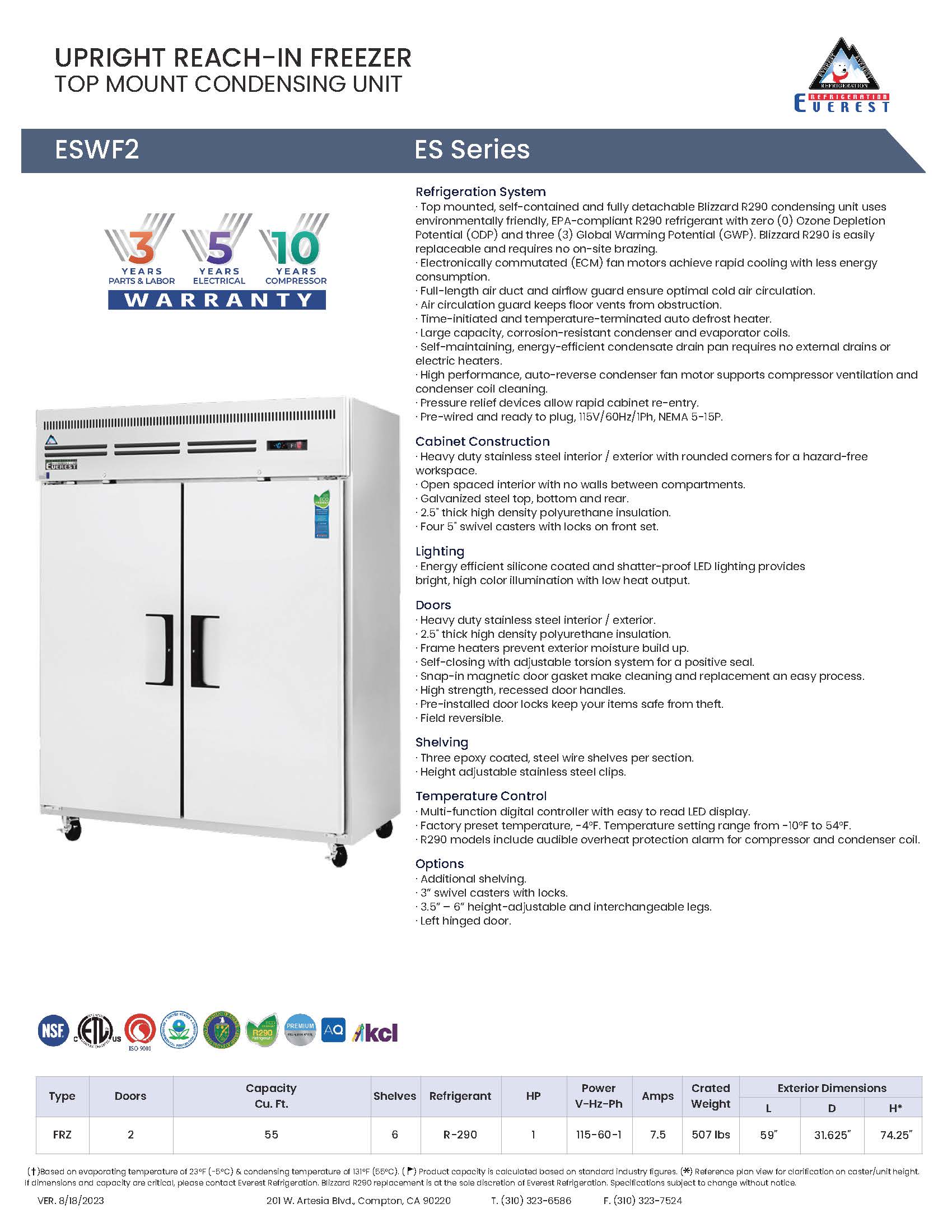 Everestref ESWF2,  59" 2 Wide Door Freezer