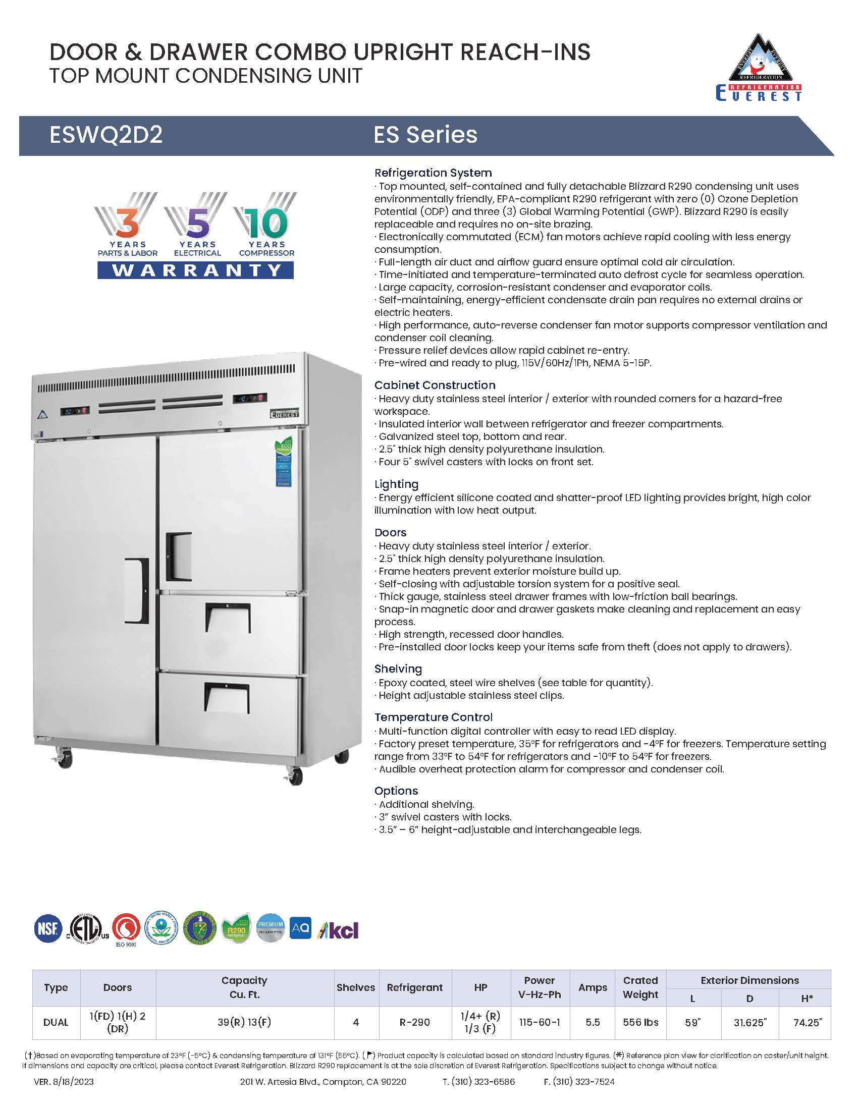 Everestref ESQ2D2, 59 ", 2 Wide Section - 1 Full Dr (LFT; Ref), 1 Half Dr (RT Top; Fzr) & 2 Drawer (RT Bottom; Ref) 3/4 Ref