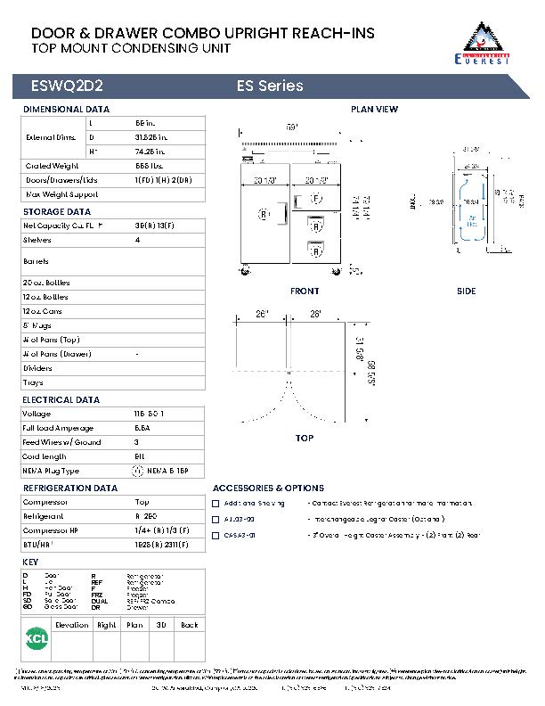 Everestref ESQ2D2, 59 ", 2 Wide Section - 1 Full Dr (LFT; Ref), 1 Half Dr (RT Top; Fzr) & 2 Drawer (RT Bottom; Ref) 3/4 Ref