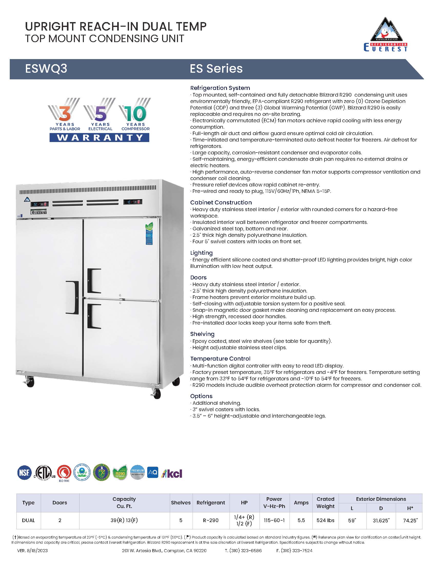 Everestref ESWQ3,  59" 2 Wide Section (3/4 Ref & 1/4 Fzr) Dual Temp