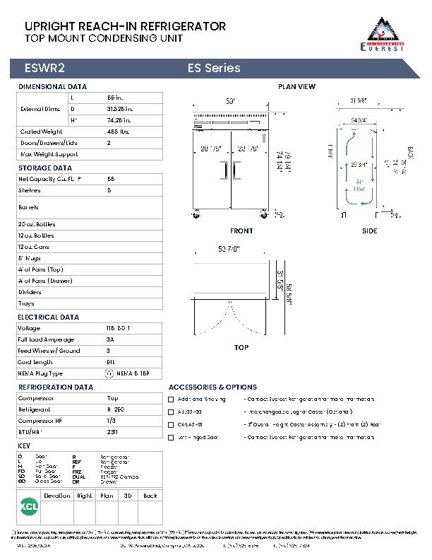 Everestref ESWR2,  59" 2 Wide Door Refrigerator