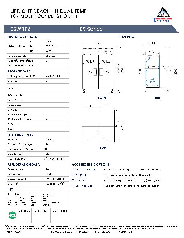 Everestref ESWRF2,  59" 2 Wide Door (1/2 Ref & 1/2 Fzr) Dual Temp