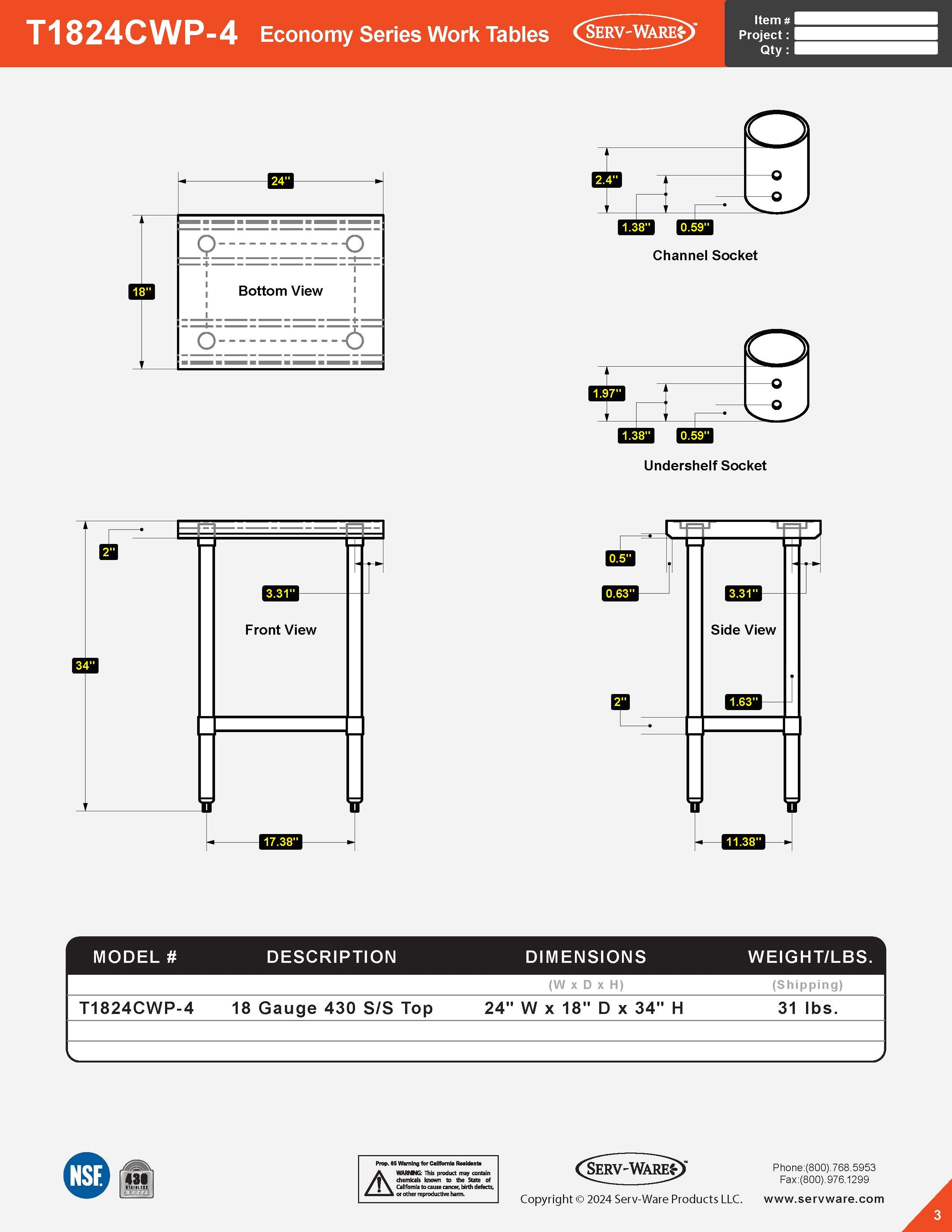 18” x 24” Economy Series Work Table, T1824CWP-4