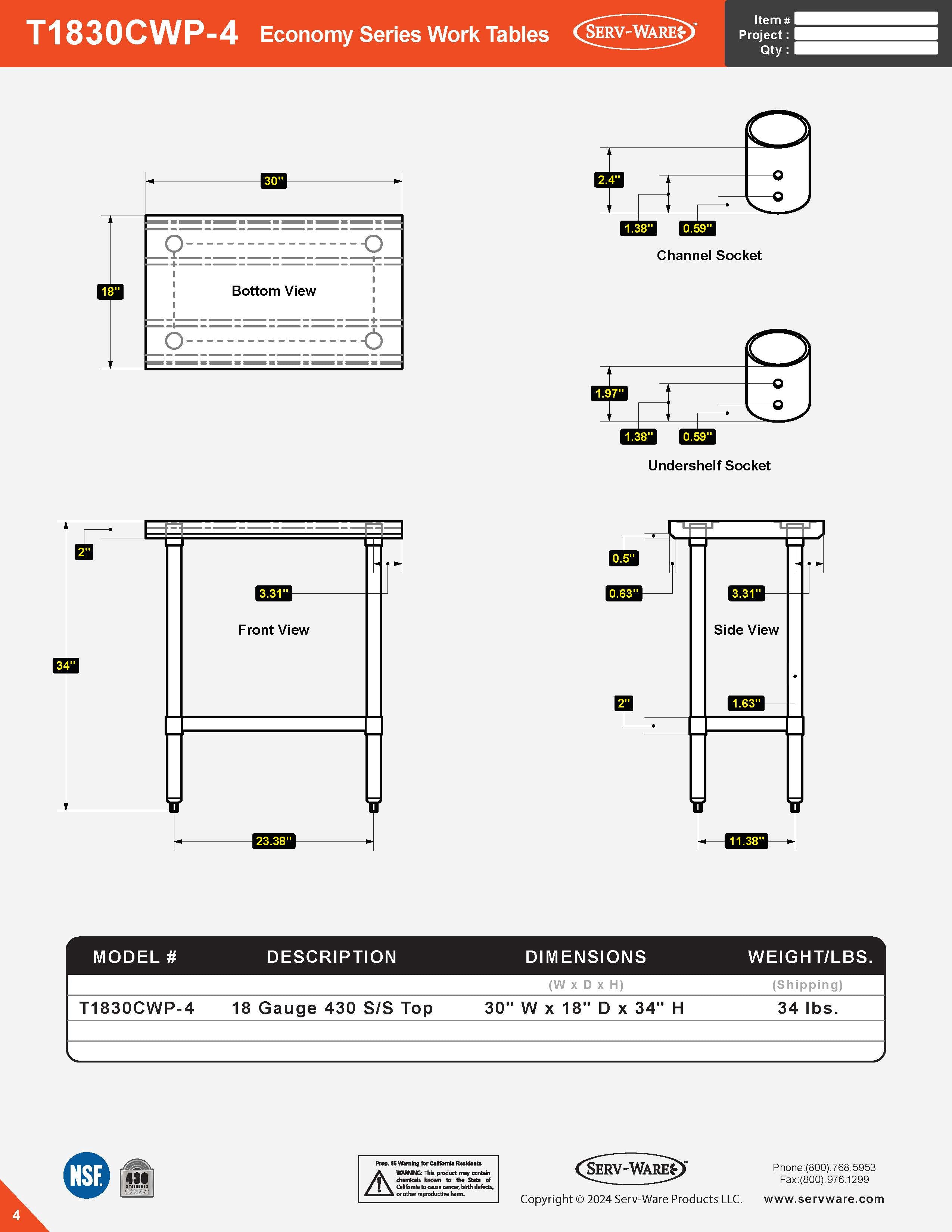 18” x 30” Economy Series Work Table, T1830CWP-4