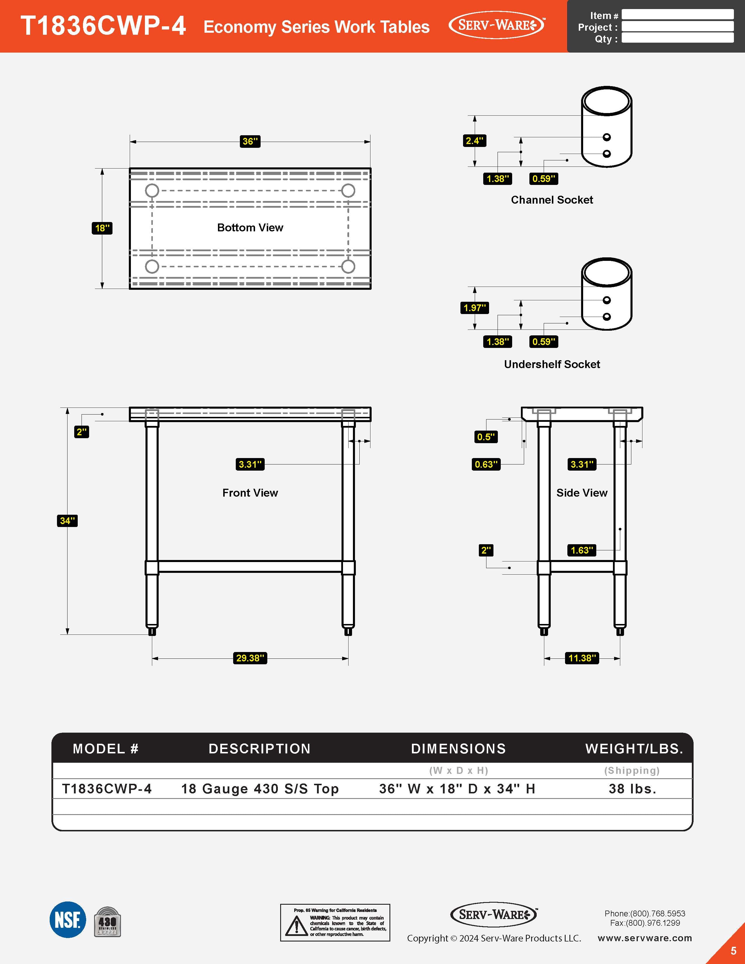 18” x 36” Economy Series Work Table, T1836CWP-4