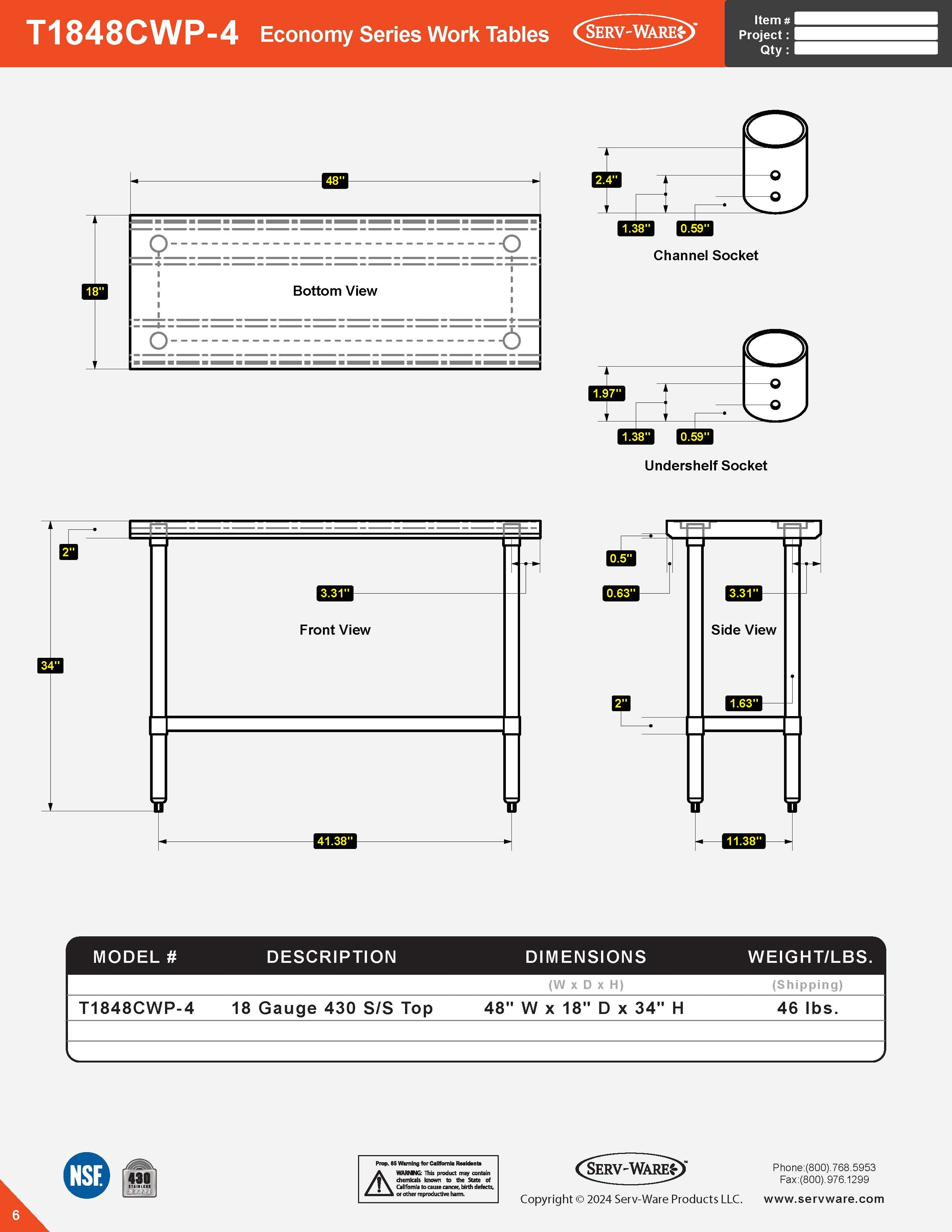 18” x 48” Economy Series Work Table, T1848CWP-4