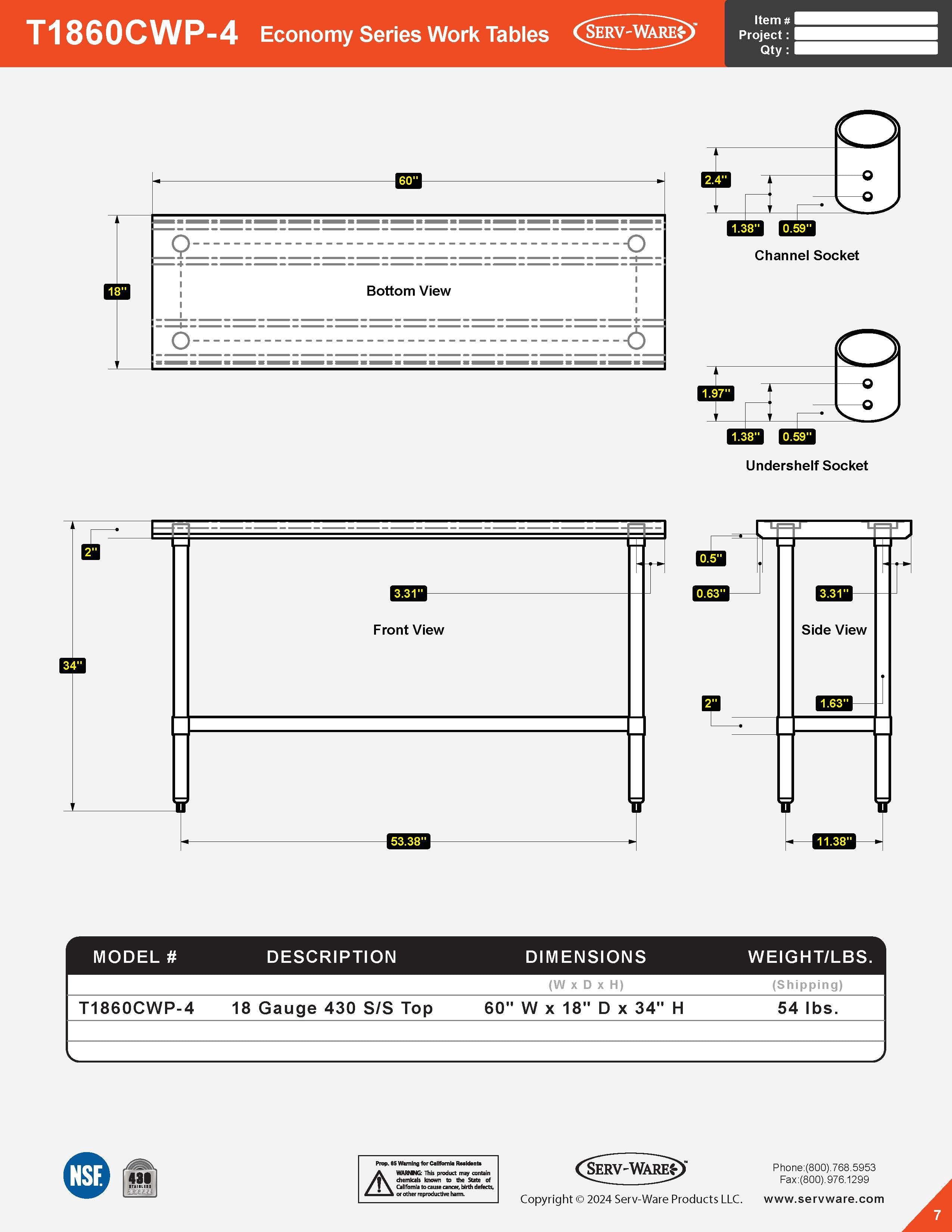 18” x 60” Economy Series Work Table, T1860CWP-4