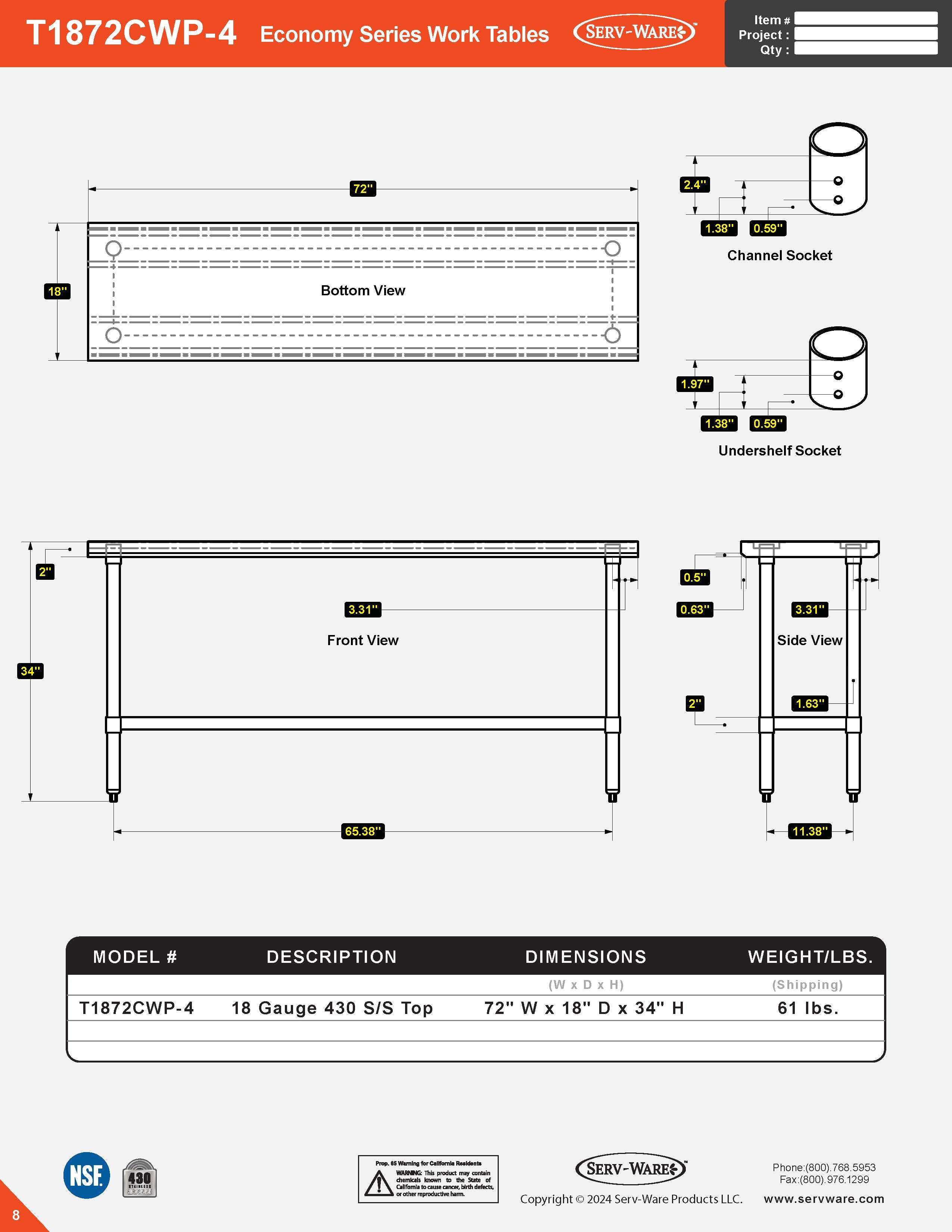 18” x 72” Economy Series Work Table, T1872CWP-4