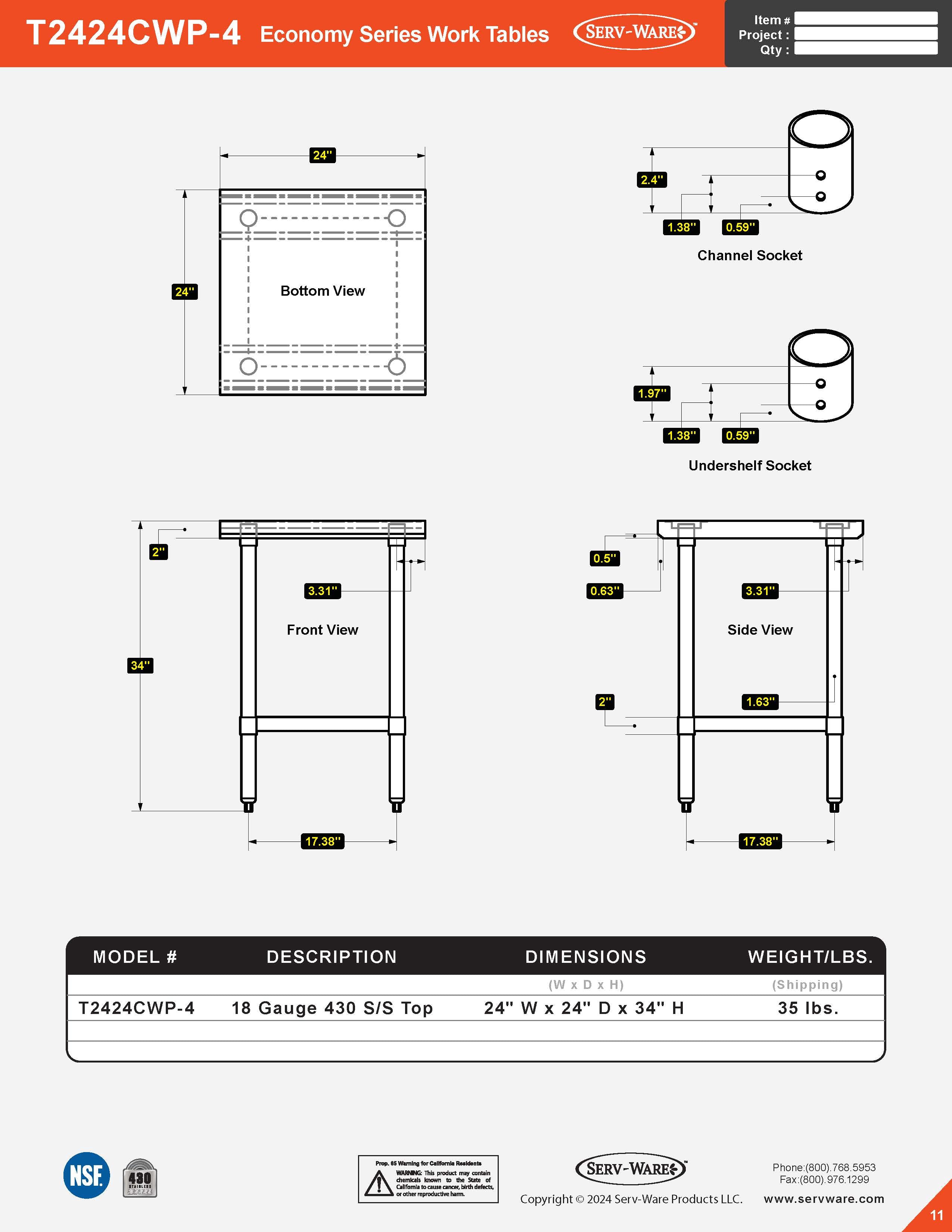 24” x 24” Economy Series Work Table, T2424CWP-4