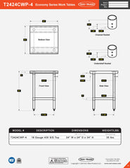 24” x 24” Economy Series Work Table, T2424CWP-4