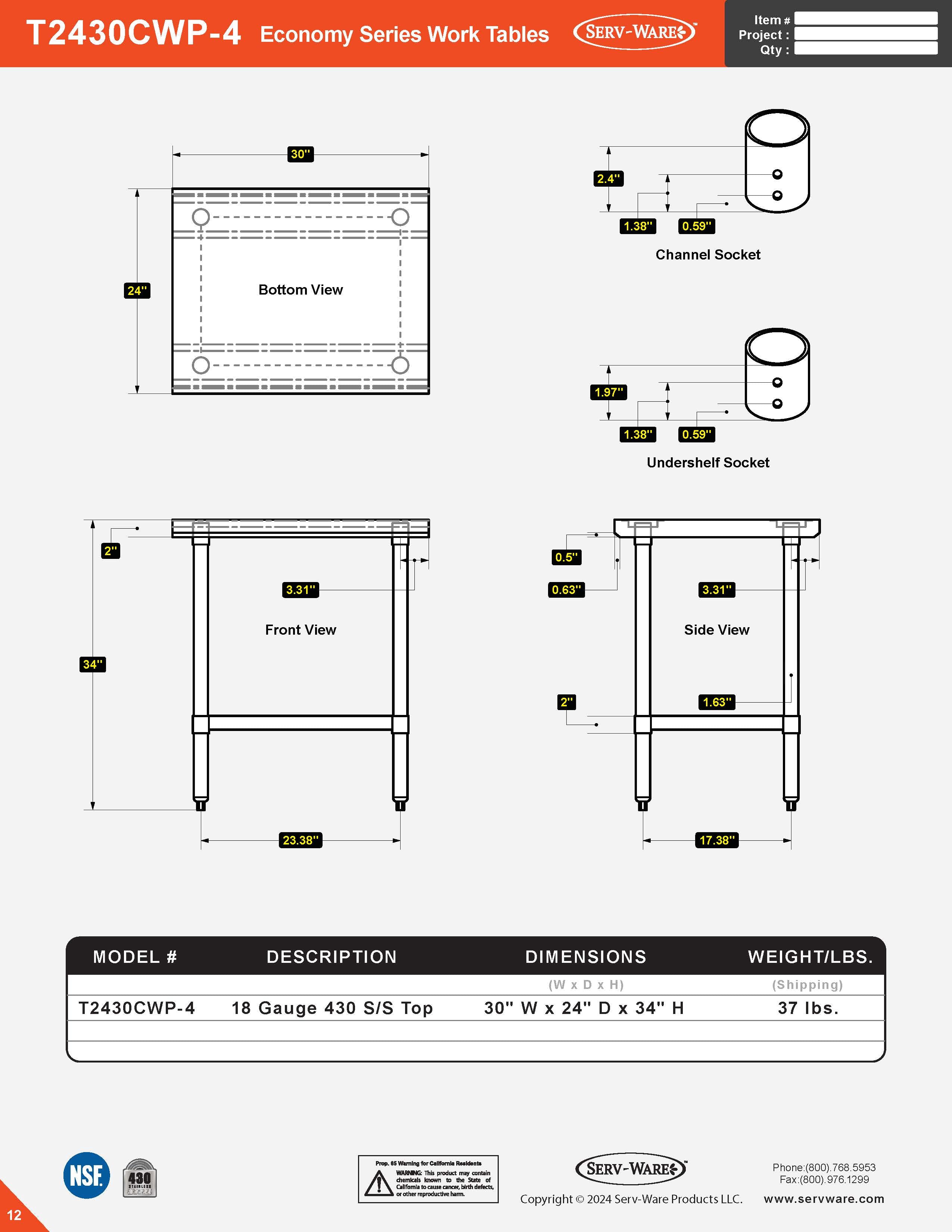 24” x 30” Economy Series Work Table, T2430CWP-4