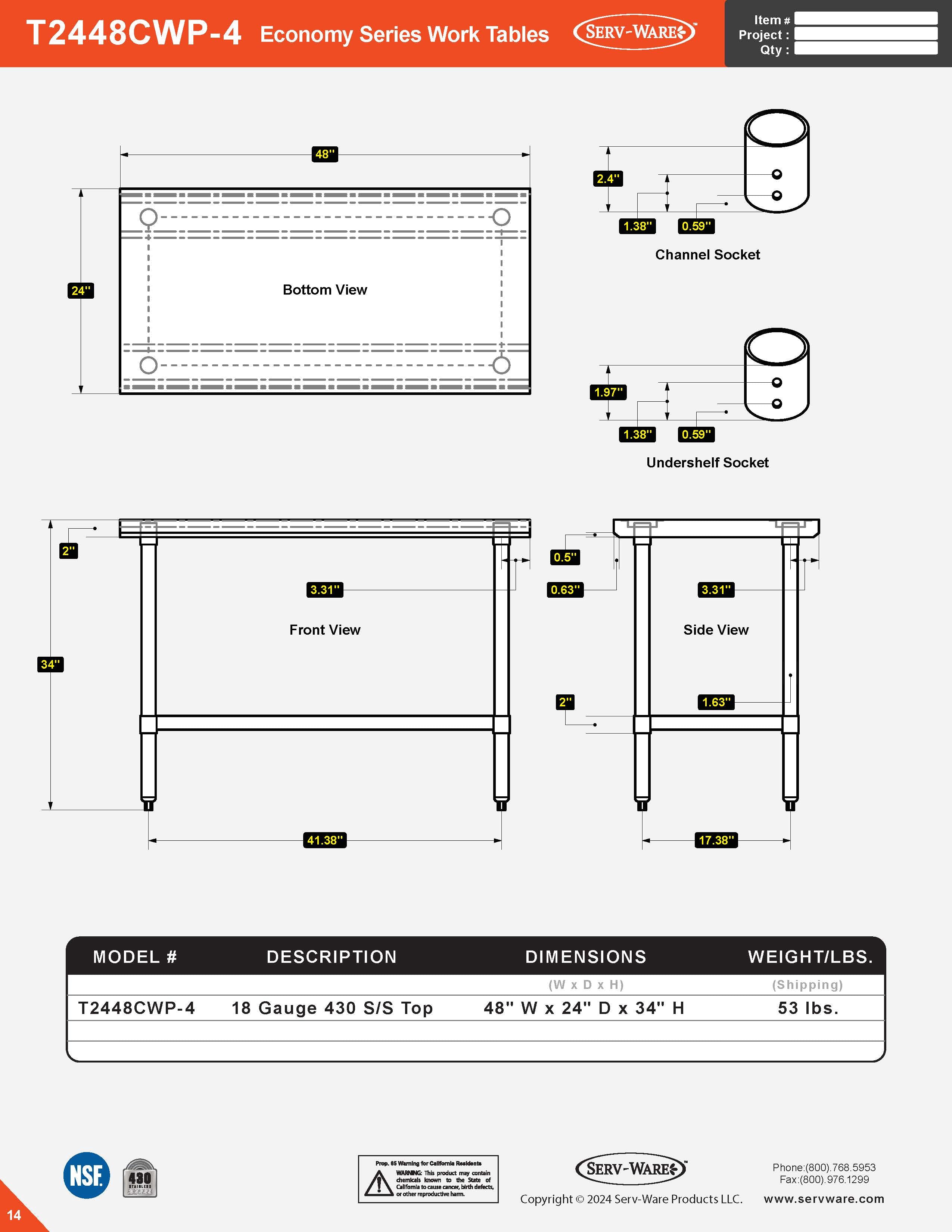 24” x 48” Economy Series Work Table, T2448CWP-4