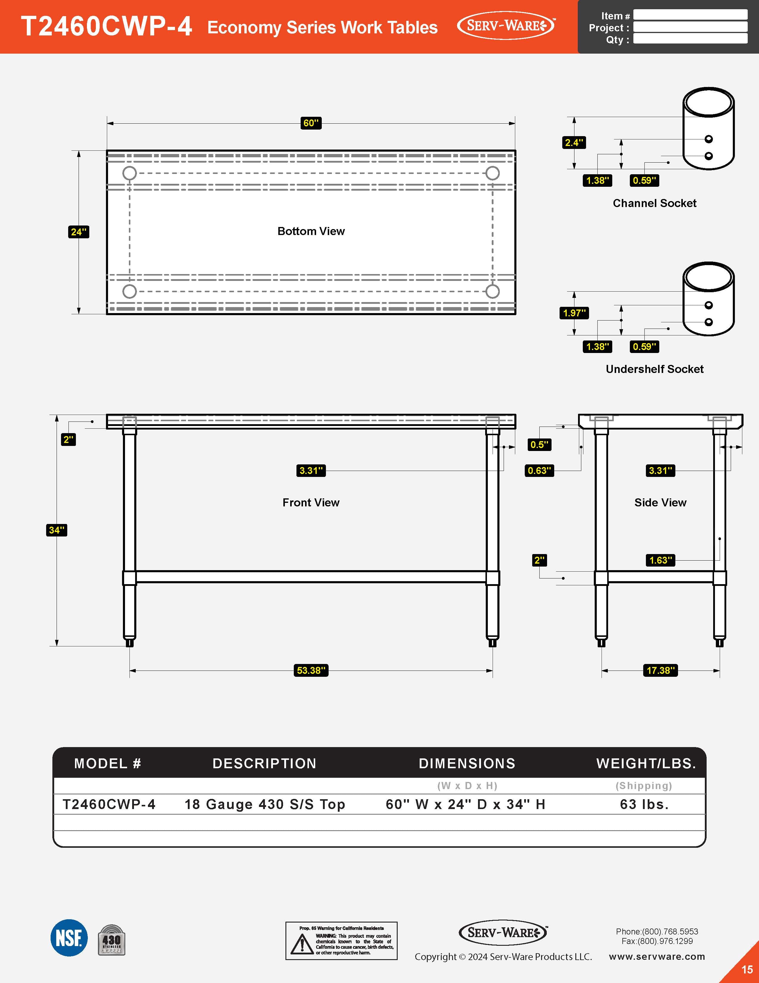 24” x 60” Economy Series Work Table, T2460CWP-4