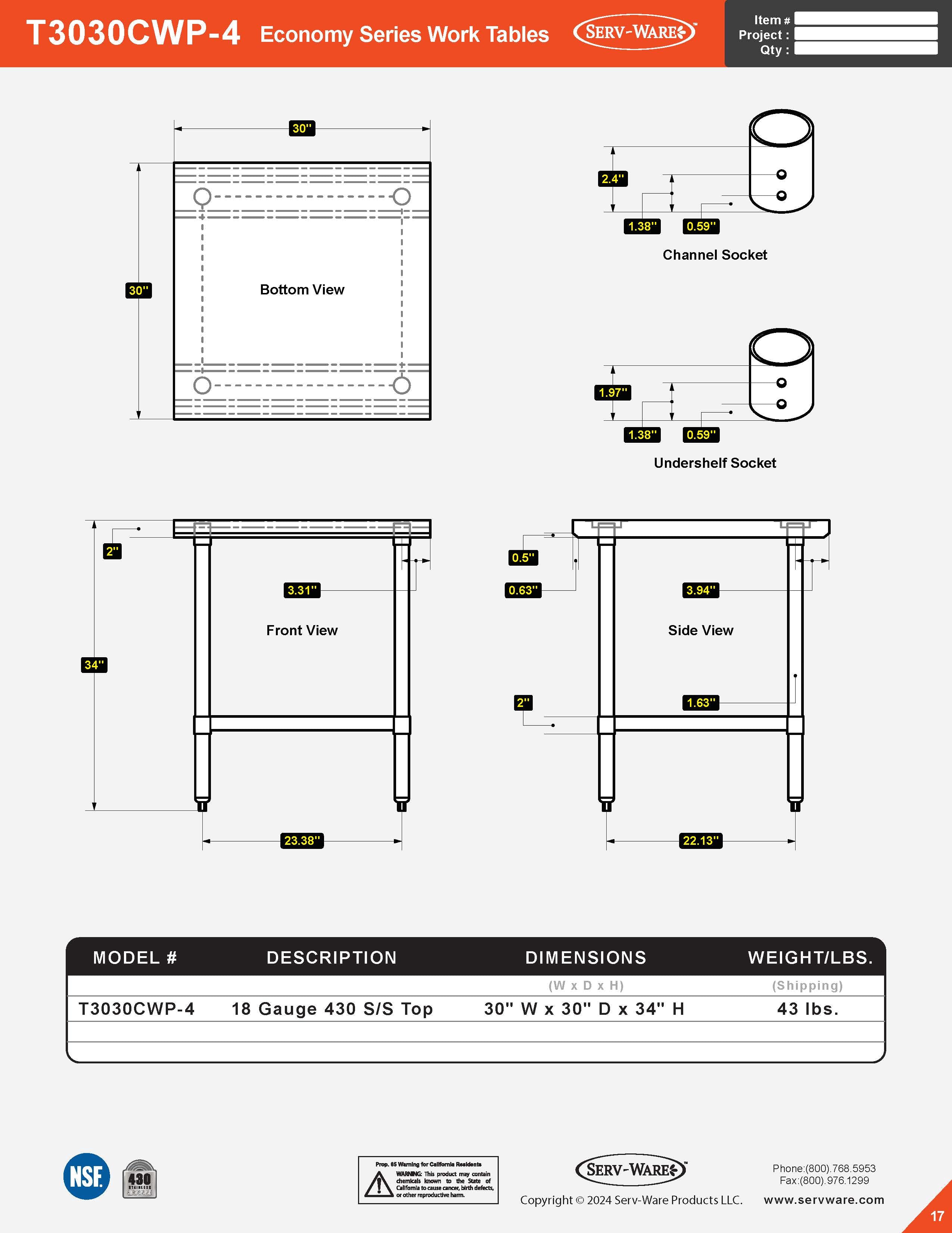 30” x 30” Economy Series Work Table, T3030CWP-4