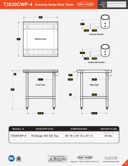 30” x 30” Economy Series Work Table, T3030CWP-4