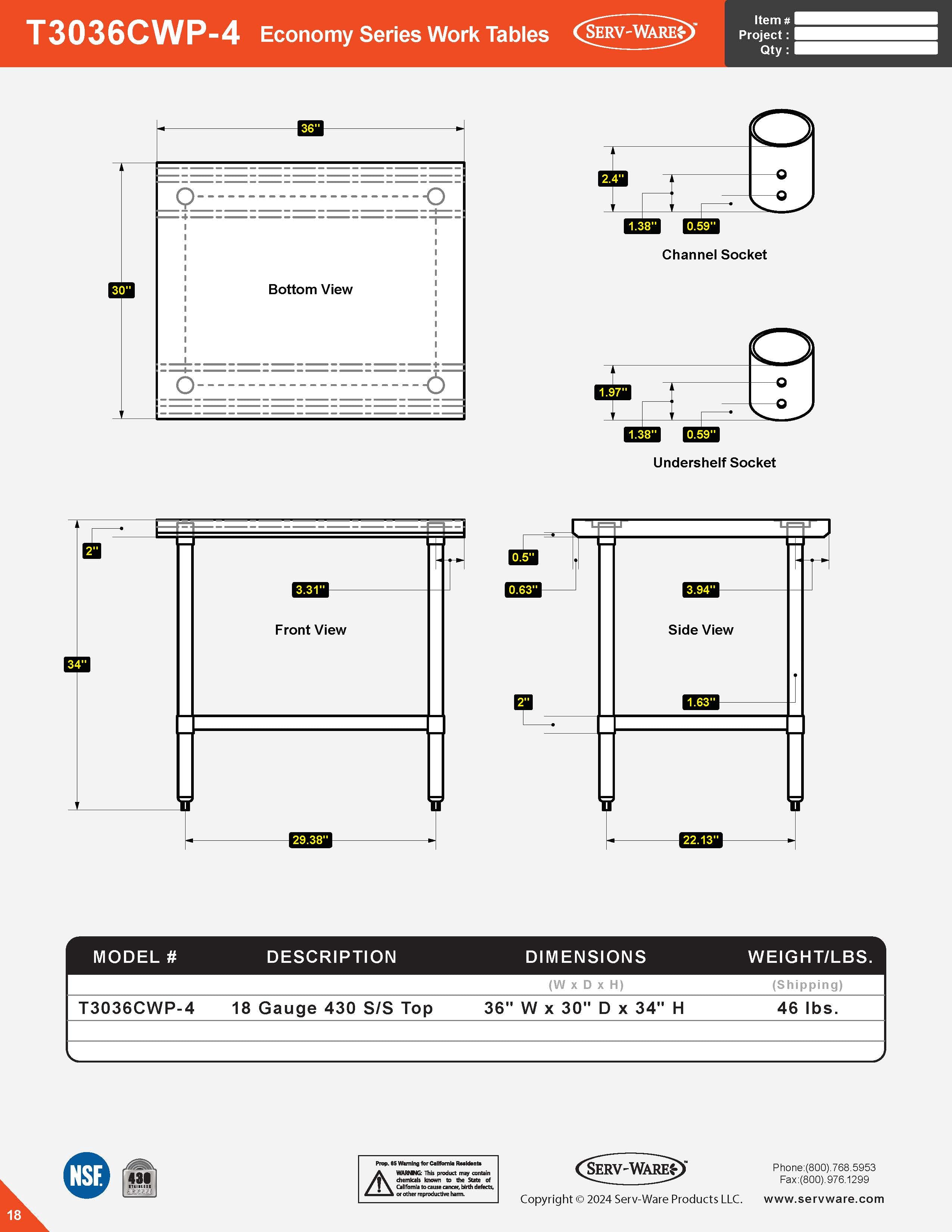 30” x 36” Economy Series Work Table, T3036CWP-4