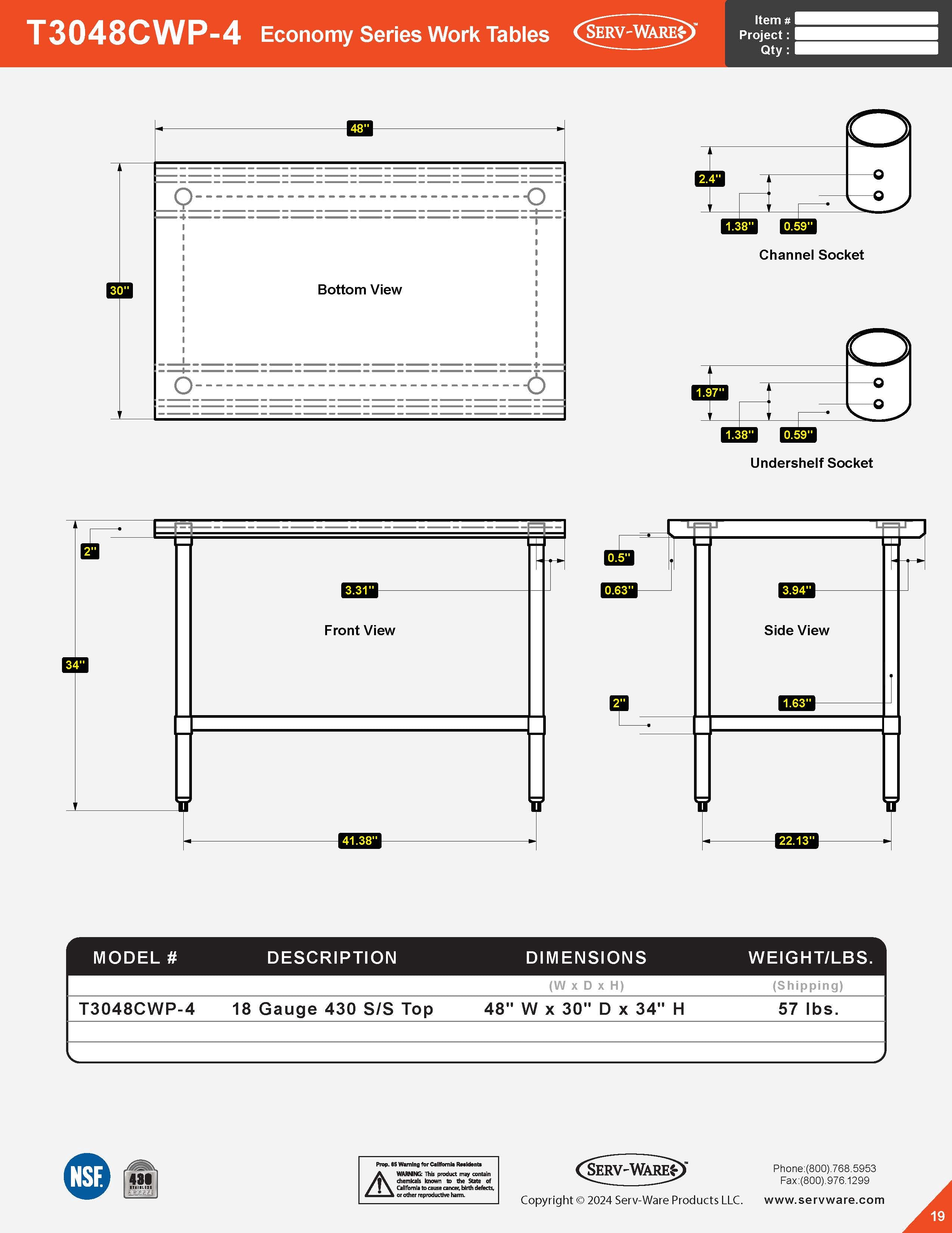 30” x 48” Economy Series Work Table, T3048CWP-4