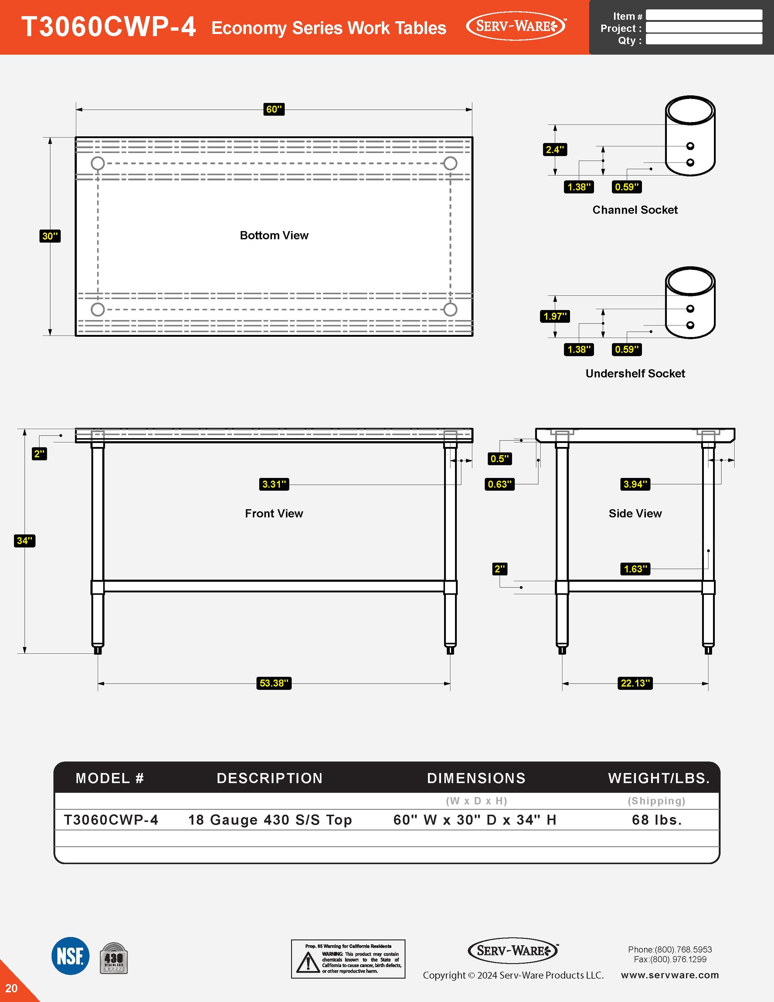 30” x 60” Economy Series Work Table, T3060WP-4