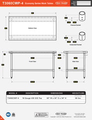 30” x 60” Economy Series Work Table, T3060WP-4