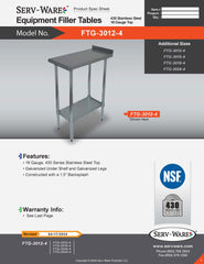 30” x 12” Equipment Filler Table, FTG-3012-4