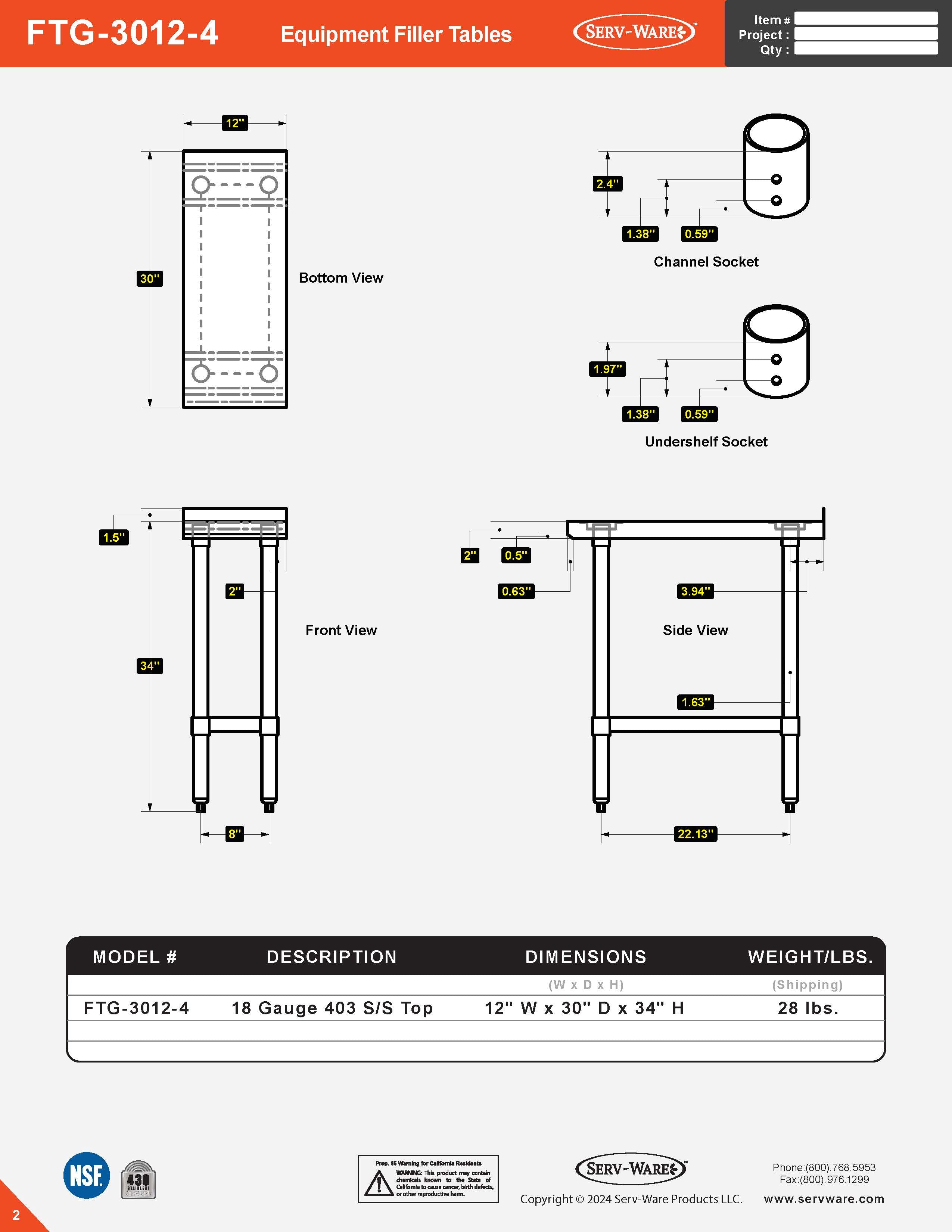 30” x 12” Equipment Filler Table, FTG-3012-4