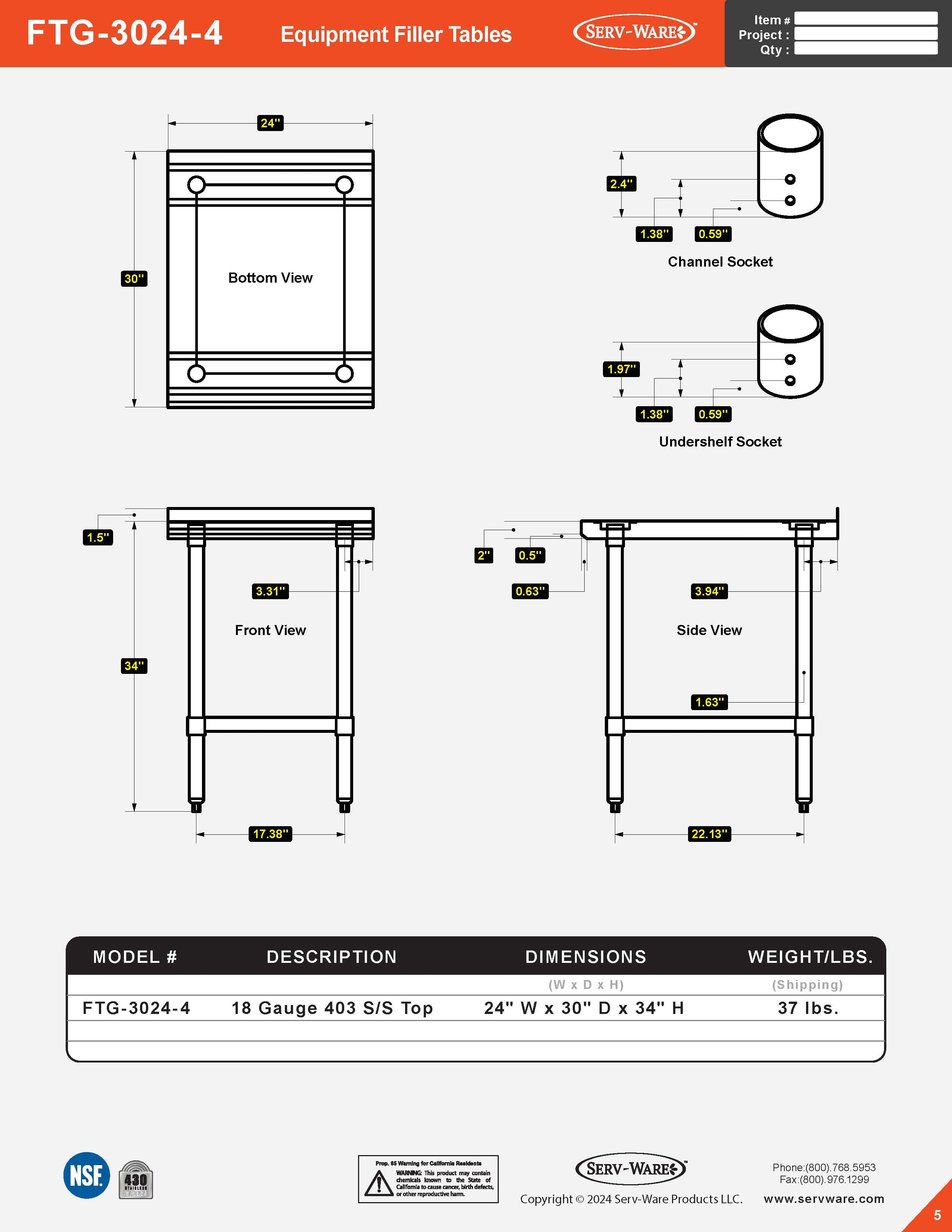 30” x 24” Equipment Filler Table, FTG-3024-4