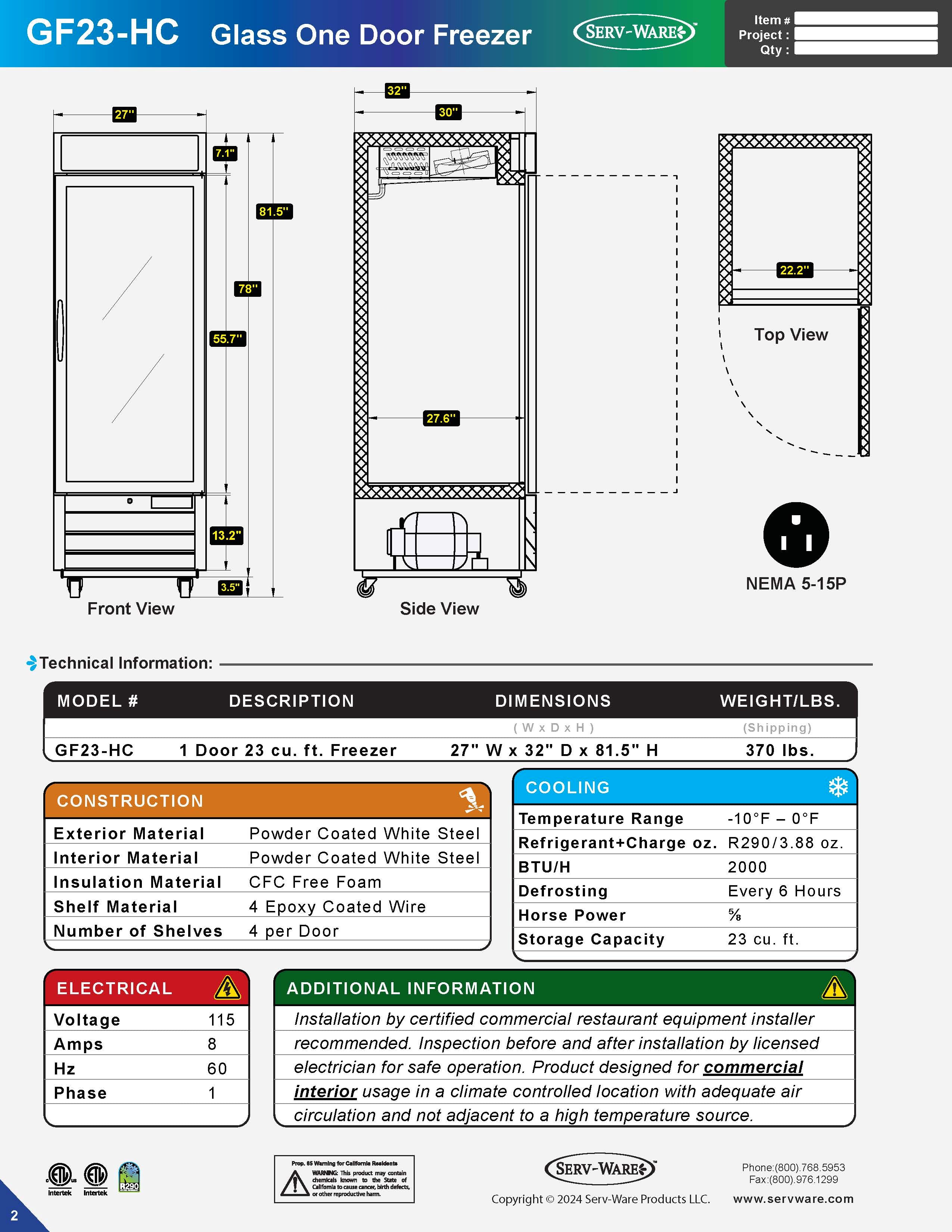 27" 1 Glass Door Merchandiser Freezer, GF23-HC