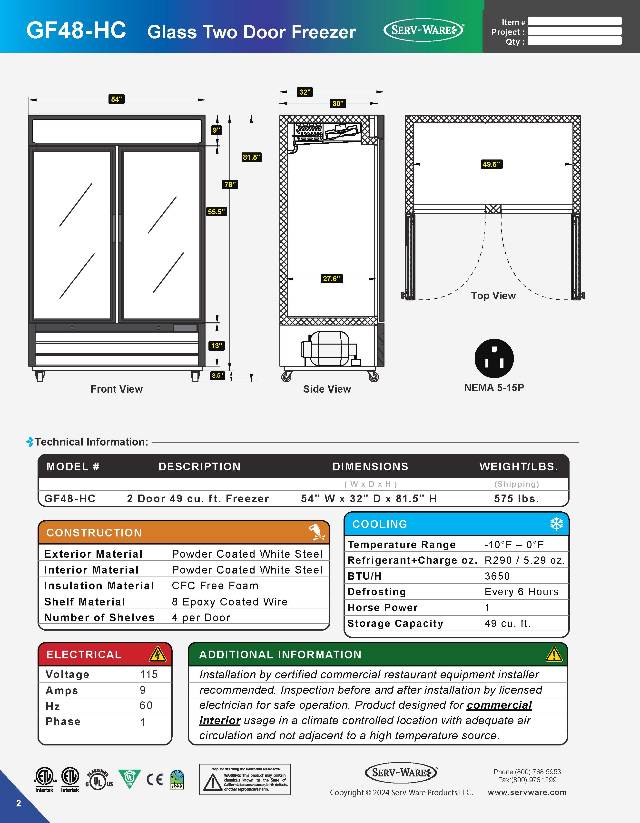 54" 2 Glass Door Merchandiser Freezer, GF48-HC