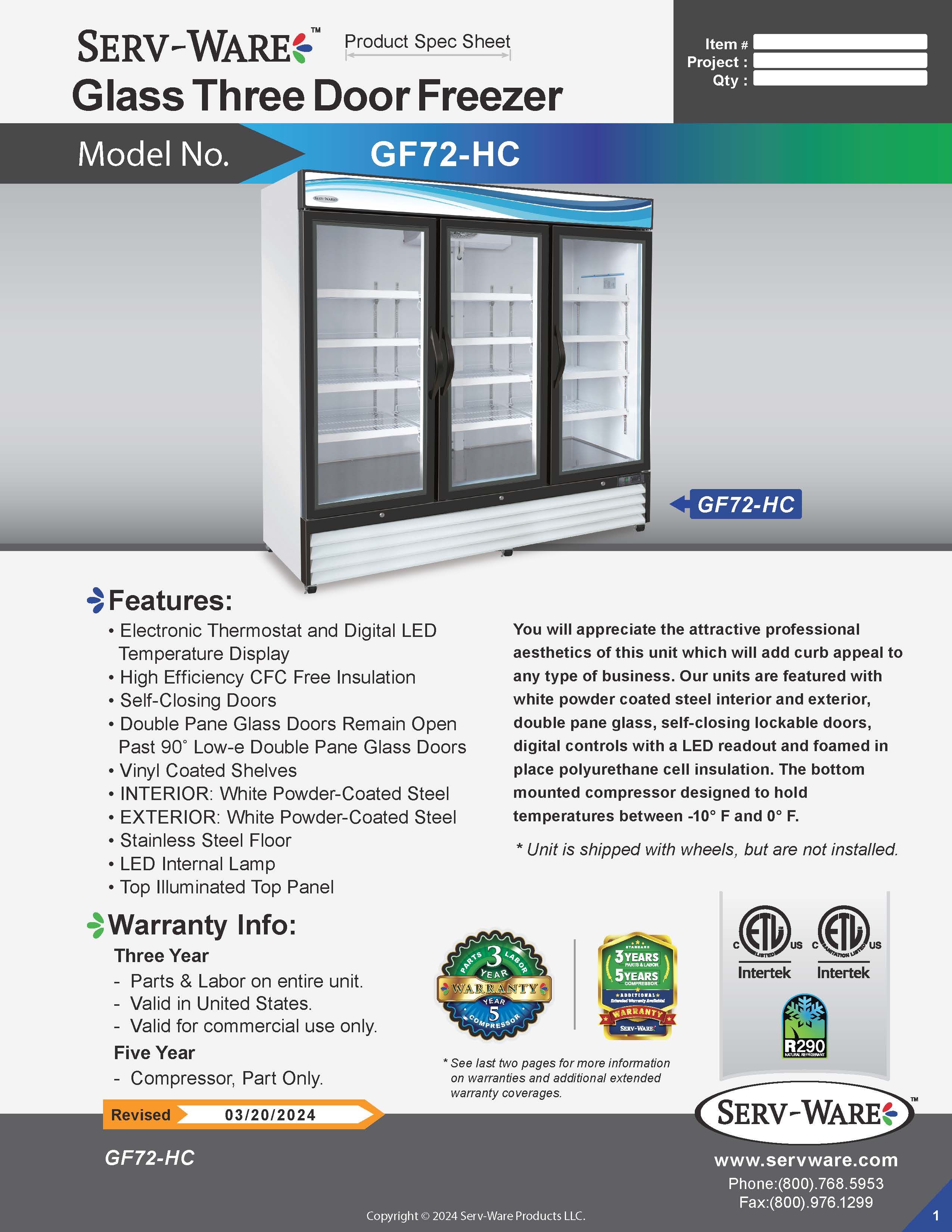 81" 3 Glass Door Merchandiser Freezer, GF72-HC