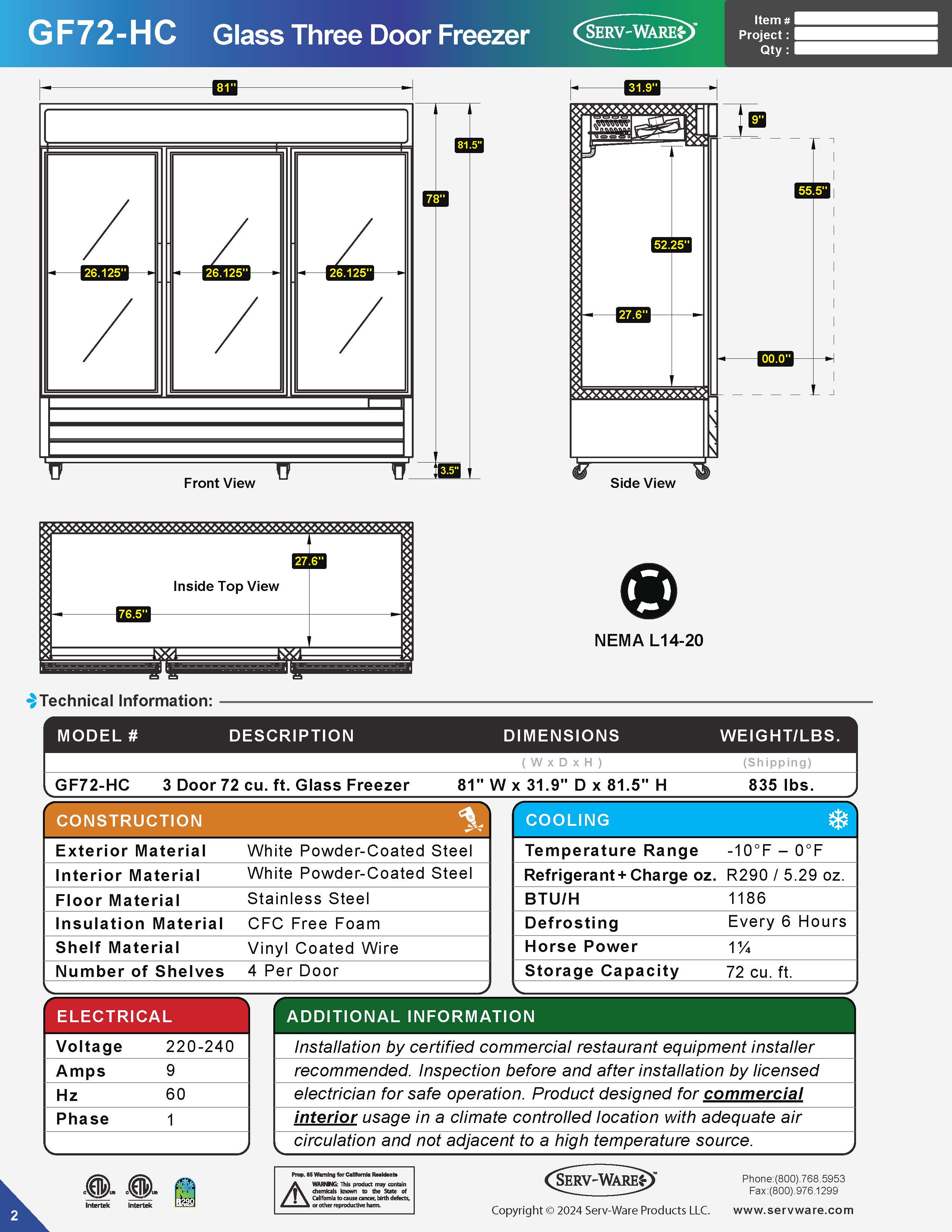 81" 3 Glass Door Merchandiser Freezer, GF72-HC