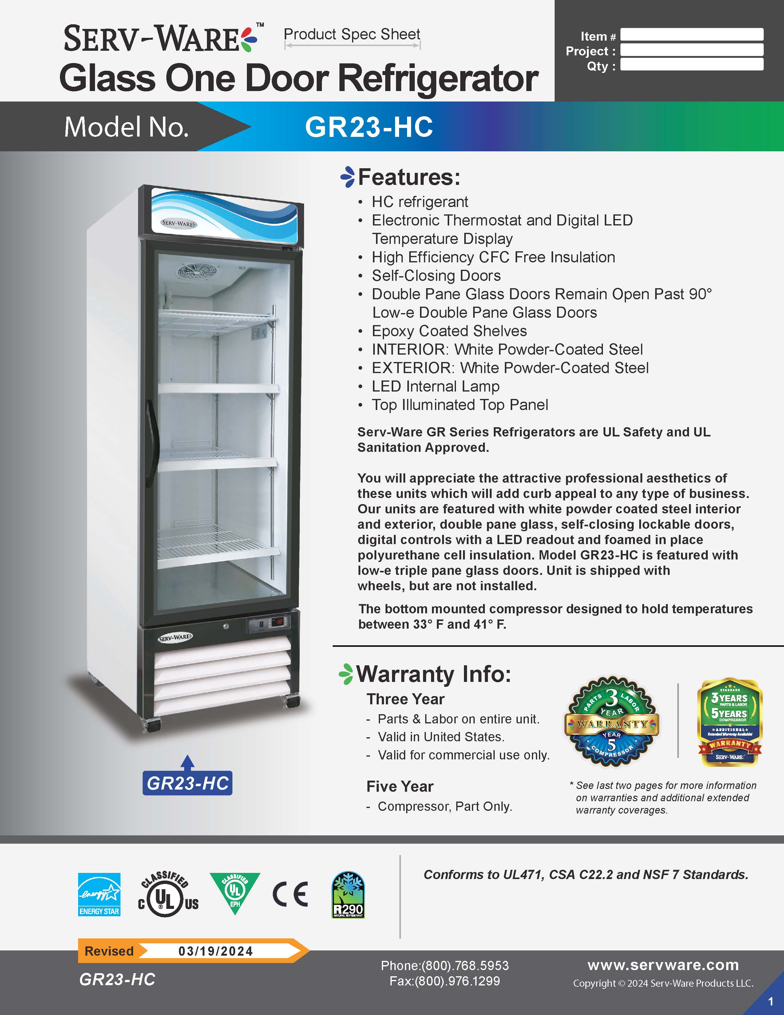 27" 1 Glass Door Merchandiser, GR23-HC