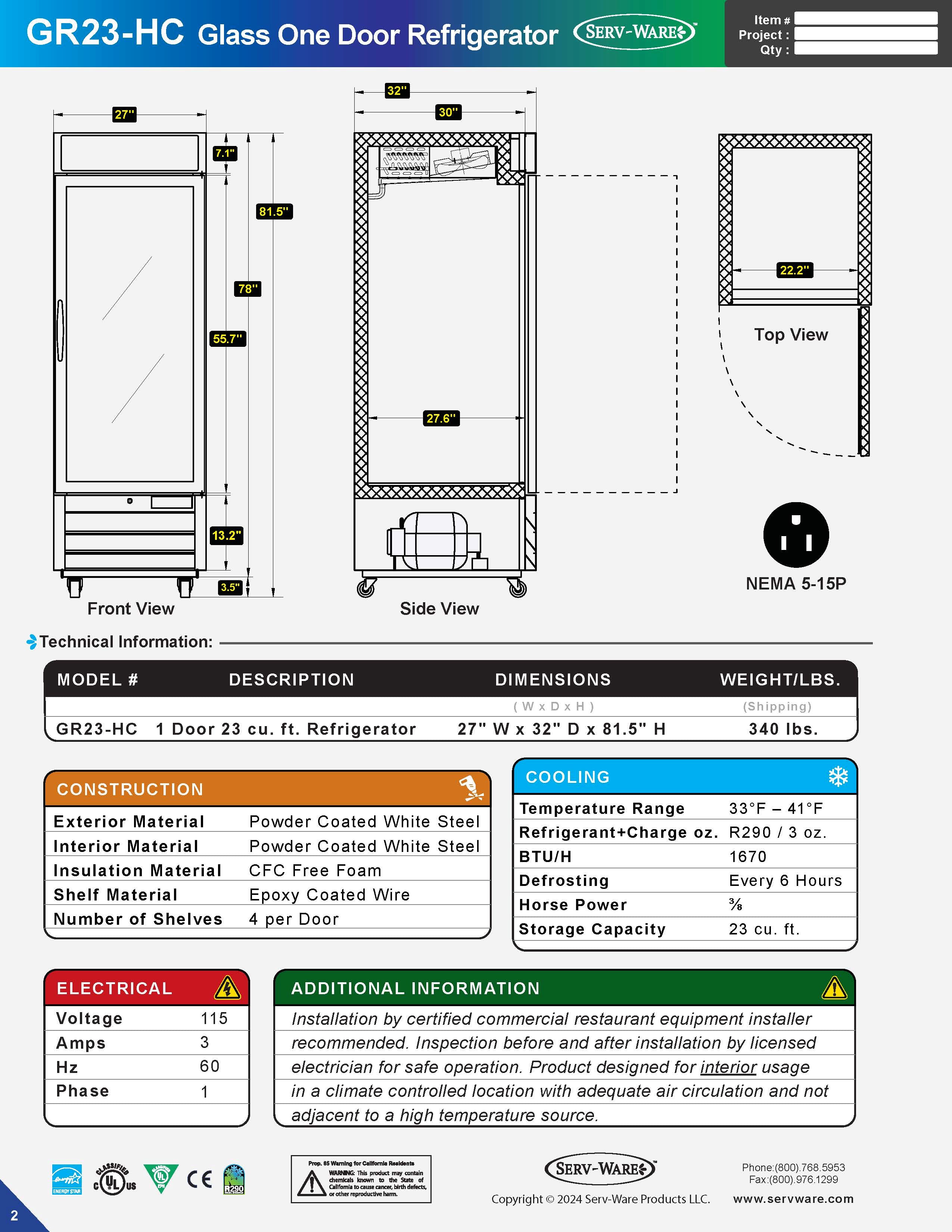 27" 1 Glass Door Merchandiser, GR23-HC