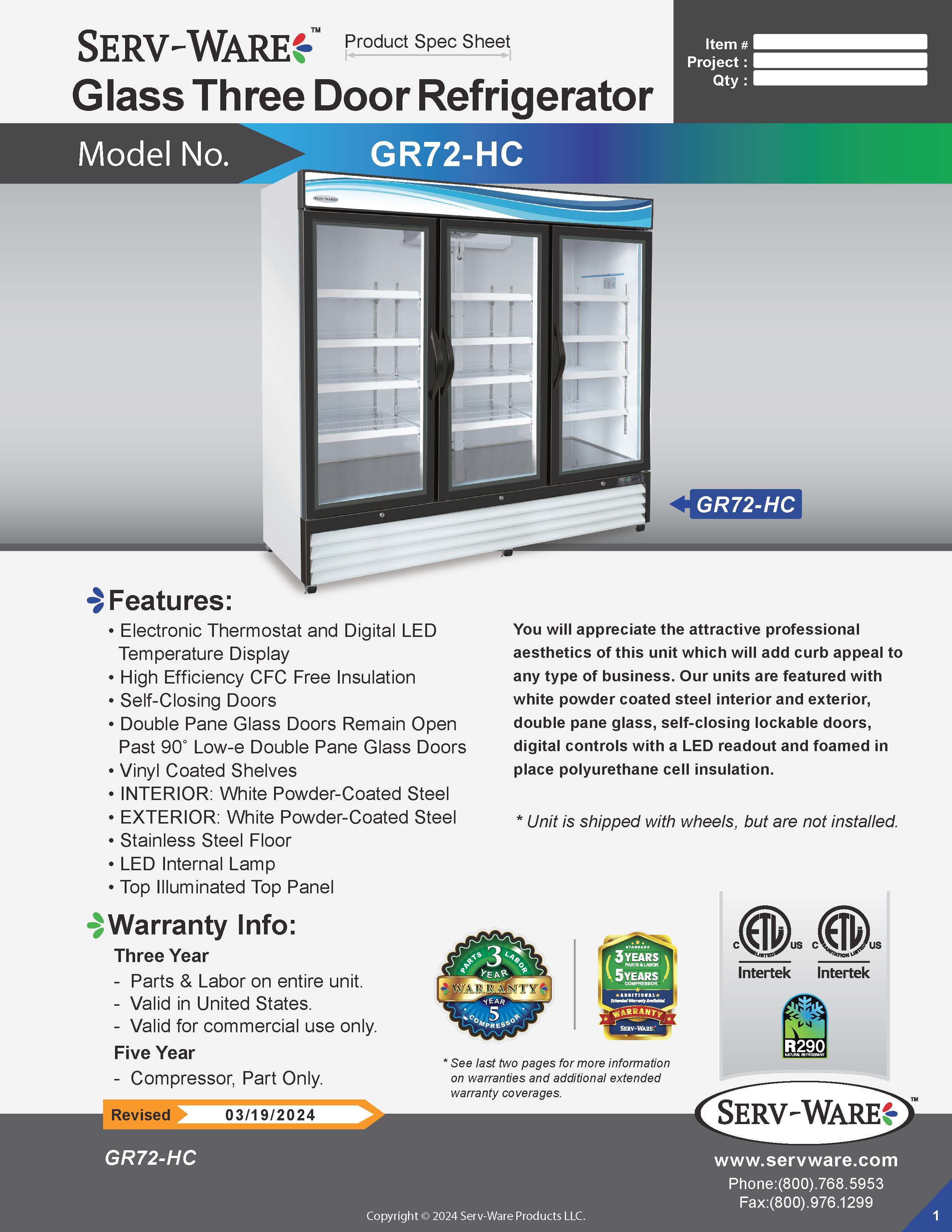 81" 3 Glass Sliding Door Merchandiser, GR72S-HC