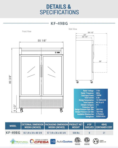 54" 2 Glass Door Reach-In Freezer, KF-49BG
