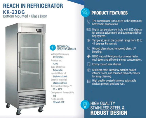 KR-23BG Reach-in Display Refrigerator, 28"*33"*80", 1-Year labor & Parts 5-Year compressor