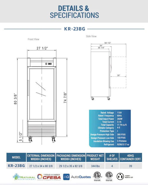 27" 1 Reach-in Display Refrigerator, KR-23BG