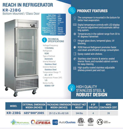 KR-23BG Reach-in Display Refrigerator, 27"*32"*82", 2-Year labor & Parts 5-Year compressor