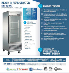 KR-23BG Reach-in Display Refrigerator, 27"*32"*82", 2-Year labor & Parts 5-Year compressor