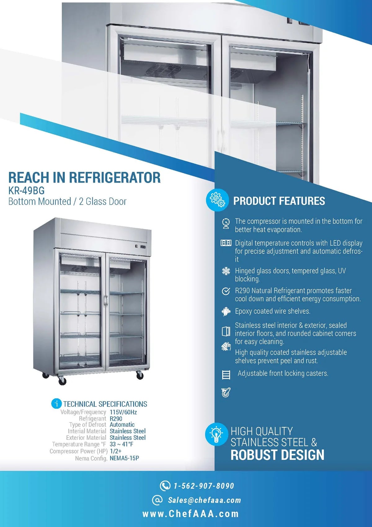 MPR-49G Glass Door Reach-In Refrigerator, 54"*34"*82", 1-Year labor & Parts 5-Year compressor