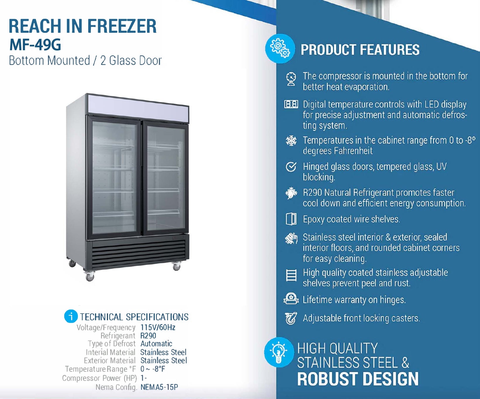 MF-49G Glass Door Reach-In Freezer, 55"*32"*80", 1-Year labor & Parts 5-Year compressor