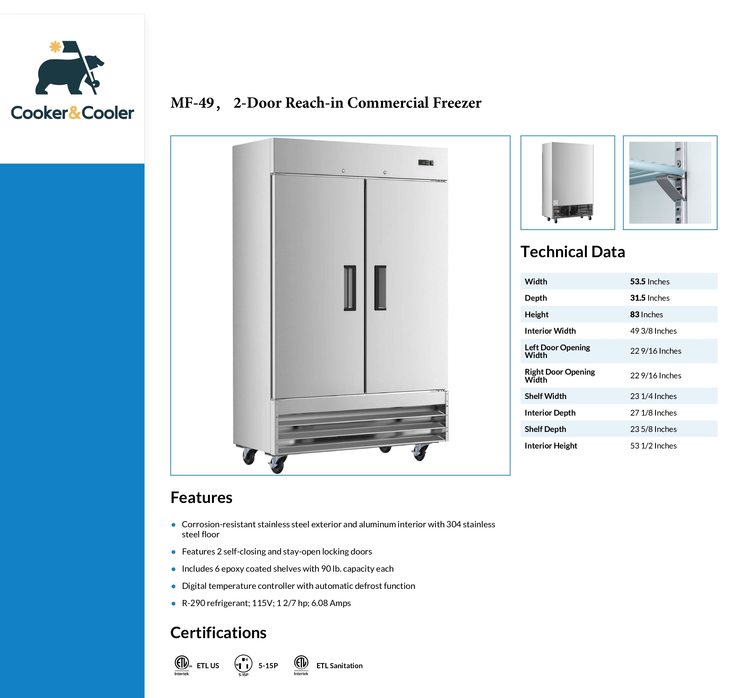 54" 2-Door Reach-in Commercial Freezer, MF-49