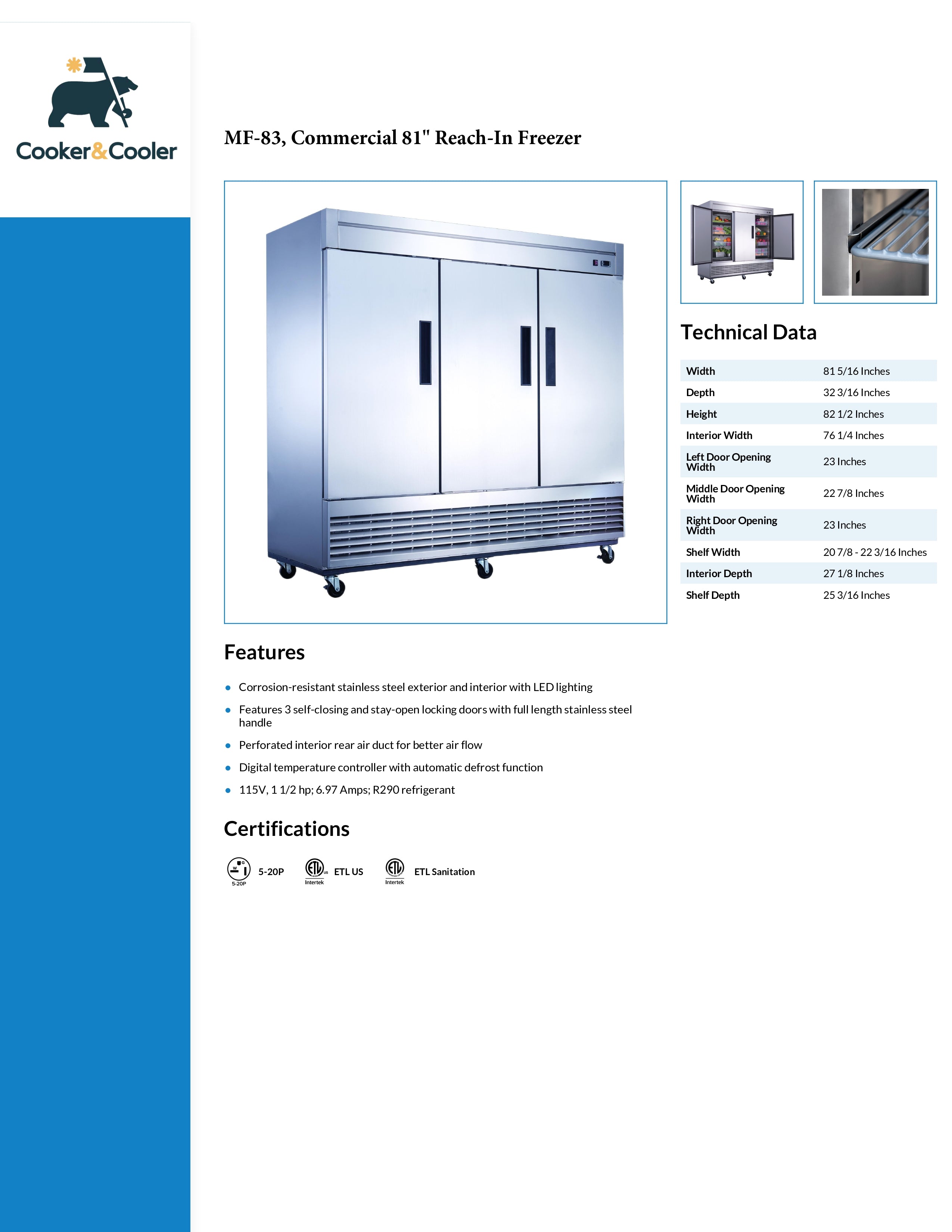 MF-83 Reach-In Freezer, 82"*32"*83", 3-Year labor 5-Year Parts 10-Year compressor