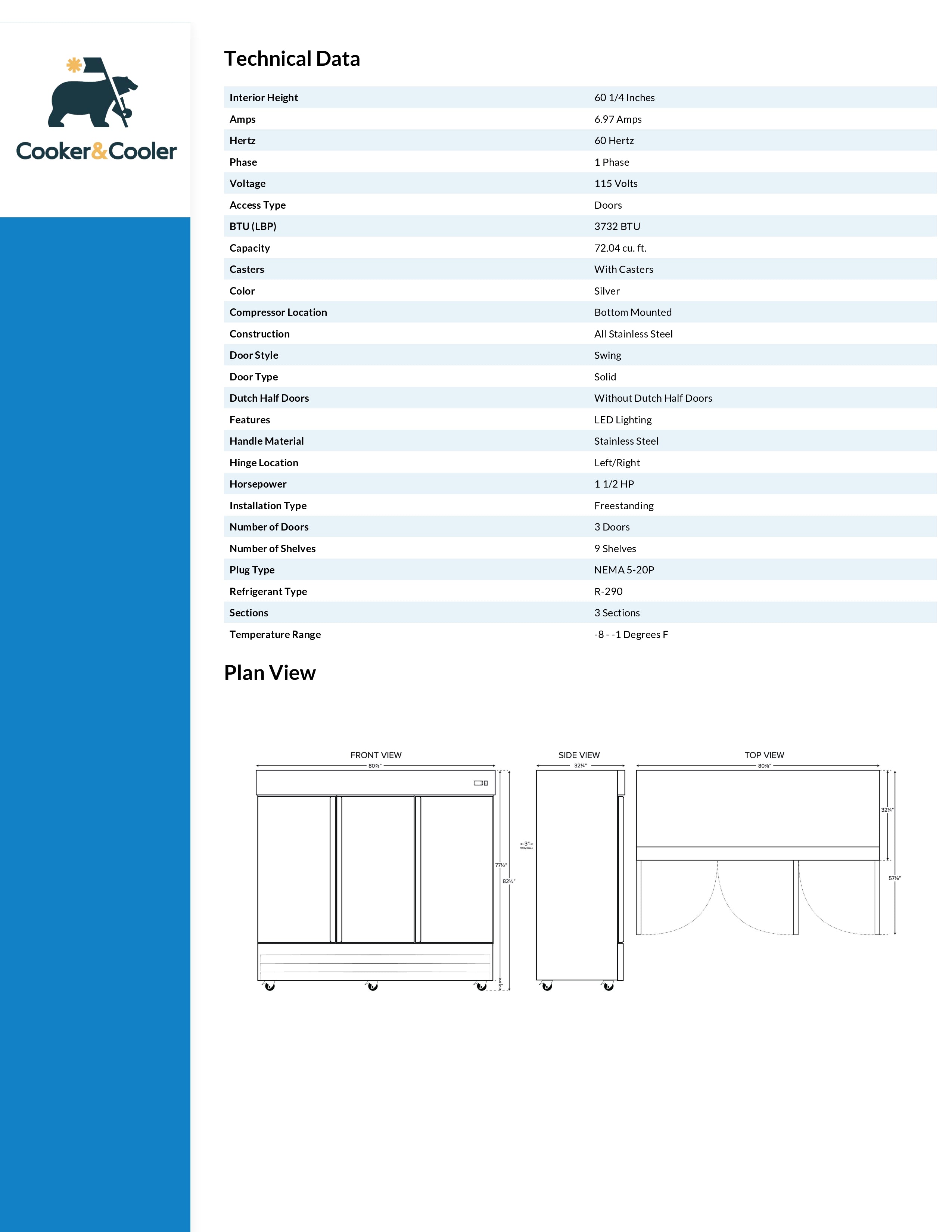 81" Reach-In Freezer 3 Solid Door, MF-83