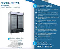 MPF-49G Glass Door Reach-In Freezer, 55"*32"*80", 2-Year labor & Parts 5-Year compressor